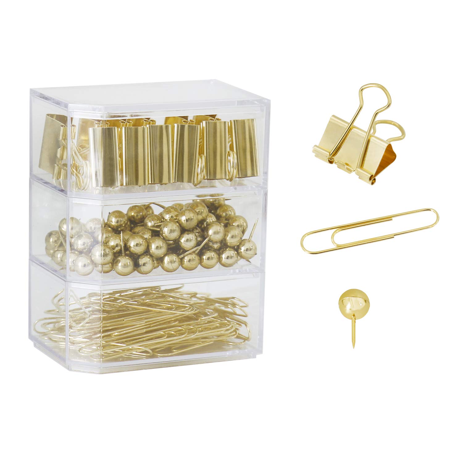 182pcs Gold Binder Clips Set - Large Paper Clips, Binder Clips & Push Pins - Premium Office Supplies for Women - Desk Organizer Accessories for Home Office, School & Workplace