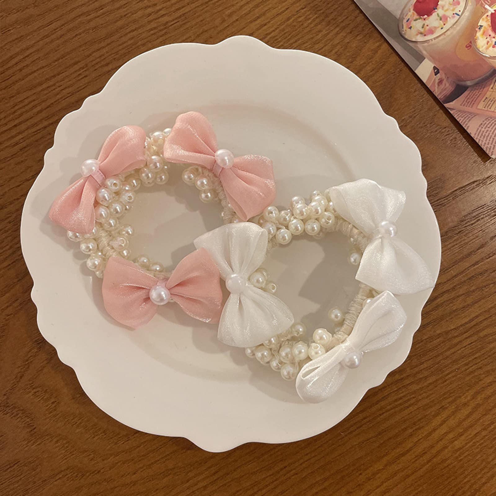 2Pcs Spring Bowknot Pearl Hair Ropes for Girls - Elegant Hair Circle Headbands & Rubber Band Hair Accessories for Women, Perfect for School, Parties & Daily Styling