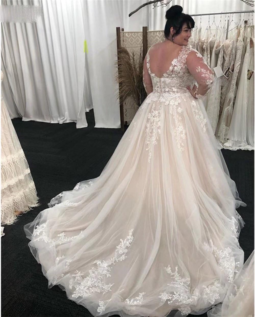 Elegant V-Neck Long Sleeve Lace Wedding Dress - Ball Gown Tulle Bridal Gown for Bride | Perfect for Church Ceremonies, Formal Weddings & Romantic Photos