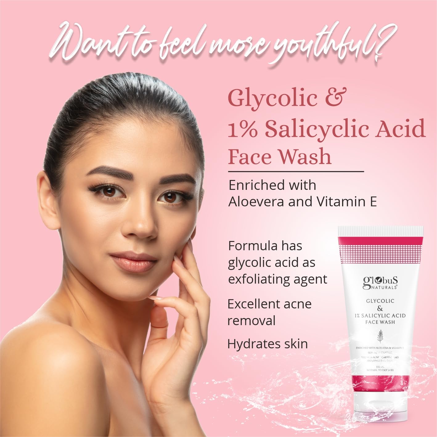 Globus Naturals Glycolic Acid 1% Salicylic Acid Anti Acne Face Gel - Herbal Formula with Licorice & Oats for Acne Treatment, Oil Control, Dark Spot Reduction - 100ml (Pack of 3) | Daily Skincare for Oily & Acne-Prone Skin