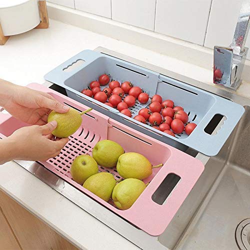 Expandable Adjustable Kitchen Sink Dish Drying Rack with Self Draining - Over The Sink Dish Drainer & Vegetable Basket - Multicolor - Perfect for Small Kitchens, Countertop Organization & Drying Dishes Efficiently