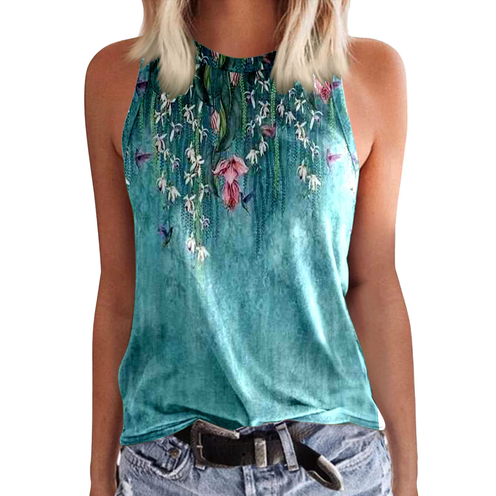 Women's Summer Graphic Pleated Tank Tops - Loose Fit Sleeveless Casual Blouse & Flare Tunic Top for Beach, Vacation & Everyday Wear