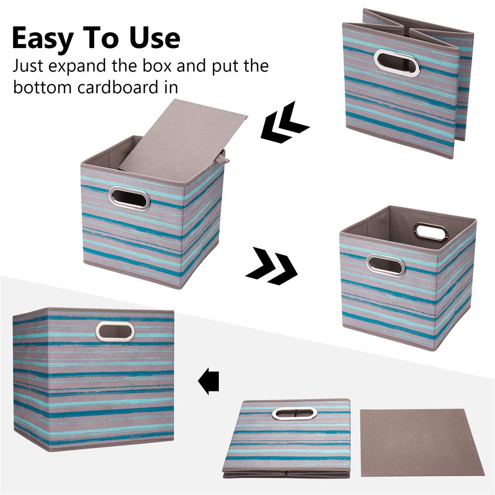 13 Inch Collapsible Fabric Storage Cubes - Foldable Teal Stripes & Grey Printed Cloth Bins for Drawer Organizer (Set of 6) | Perfect for Closet, Nursery, Office & Home Organization | QY-SC05-6