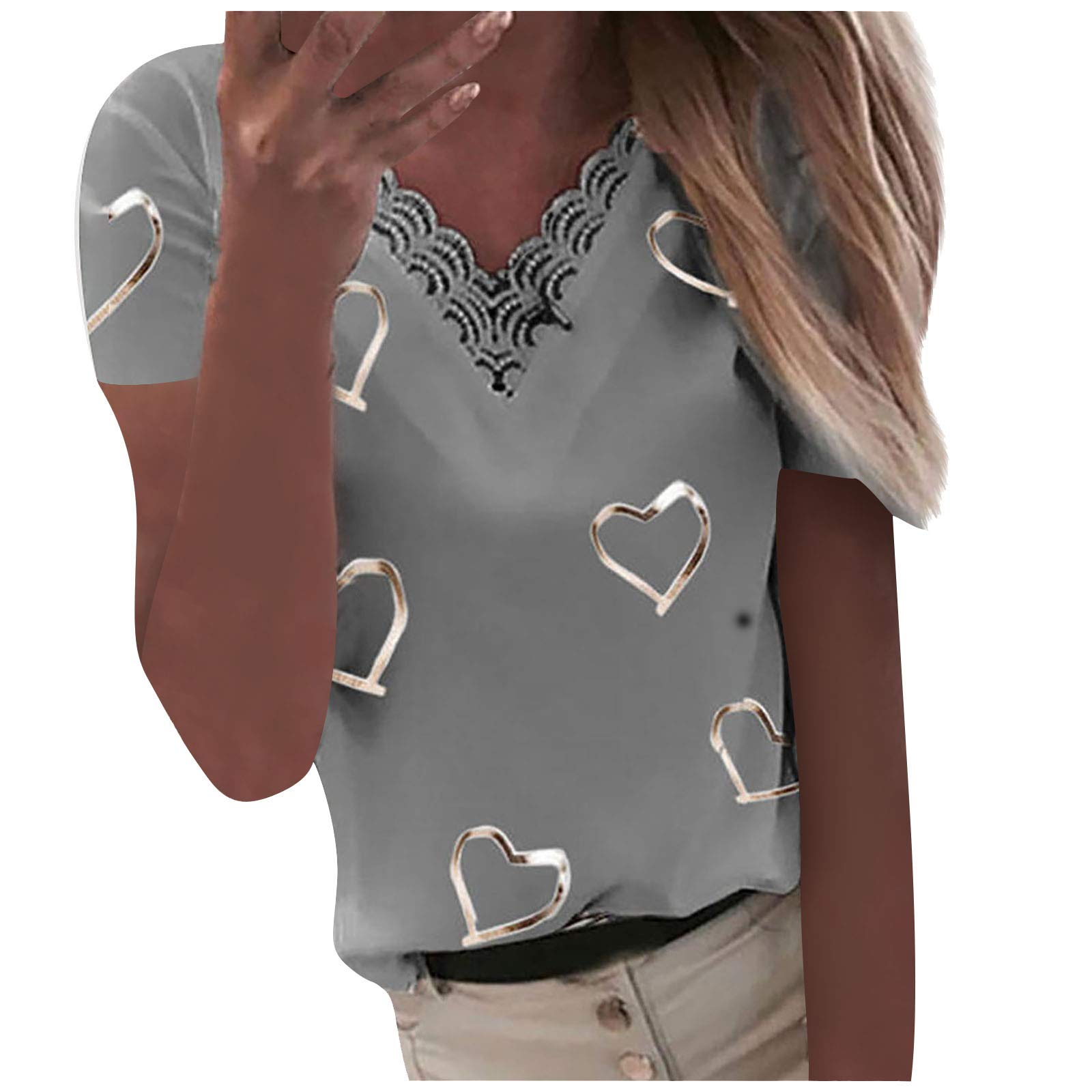 Hearts Print Women's Short Sleeve V-Neck T-Shirt - Lace Patchwork Casual Blouse for Spring & Summer | Perfect for Dating, Office Wear & Weekend Outfits