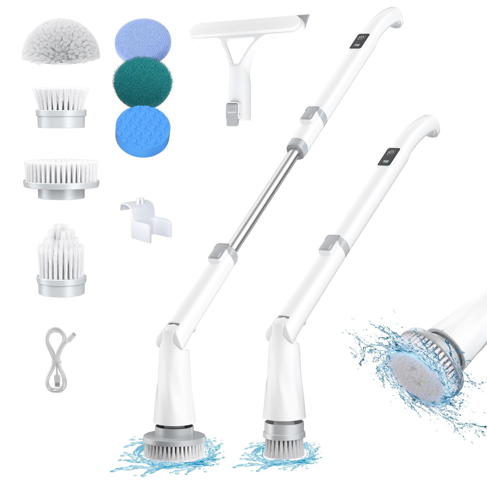 Electric Spin Scrubber with Long Handle - 8 Replaceable Heads & Battery Display - 2 Speed Adjustable Cleaning Brush for Shower, Tub, Tile, Floor - Perfect for Bathroom Deep Cleaning & Hard Water Stain Removal