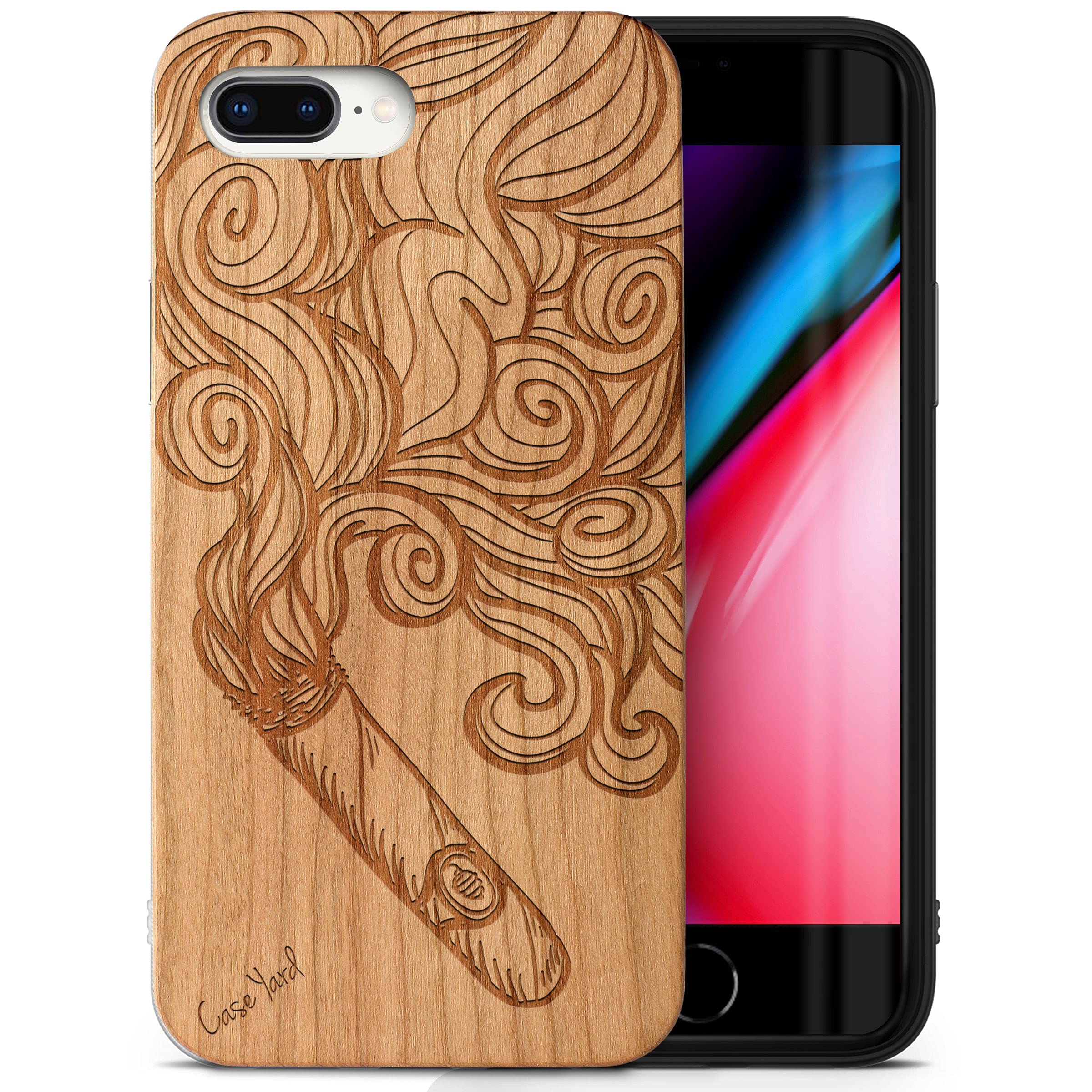 CaseYard Cherry Wood iPhone 8 Plus Case - Laser Engraved Cigar Smoke Design | Slim Fit Shockproof Protective Cover for Men & Women | Perfect for Business Professionals & Cigar Enthusiasts