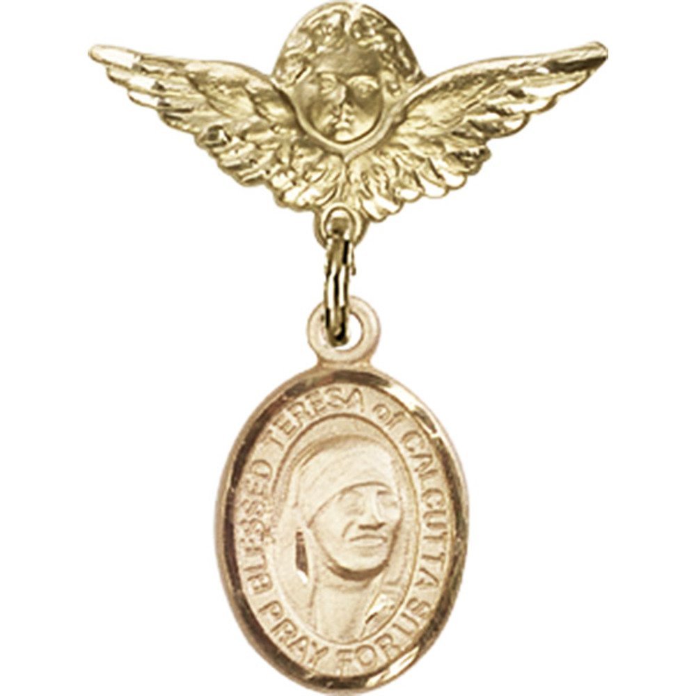 Gold Filled Baby Badge with St. Teresa of Calcutta Charm & Angel Wing Pin - 1 x 3/4 Inch Religious Jewelry - Perfect for Baptism Gifts, First Communion & Baby Blessings