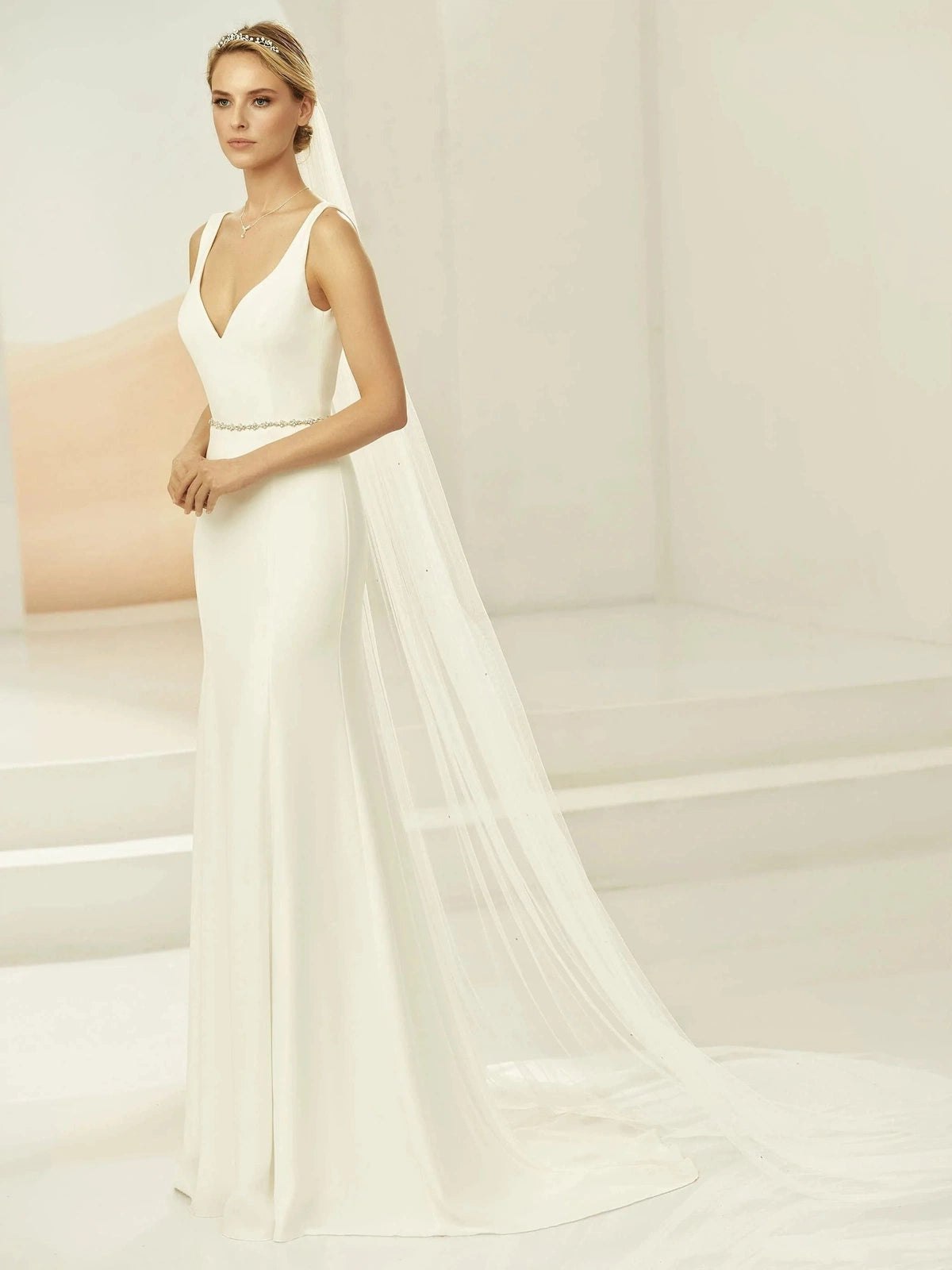 Elegant Chapel Length Single Tier Wedding Veil with Sparkling Crystals - Soft Ivory Tulle Bridal Accessory (Style S380) | Perfect for Church Ceremonies & Romantic Wedding Photos