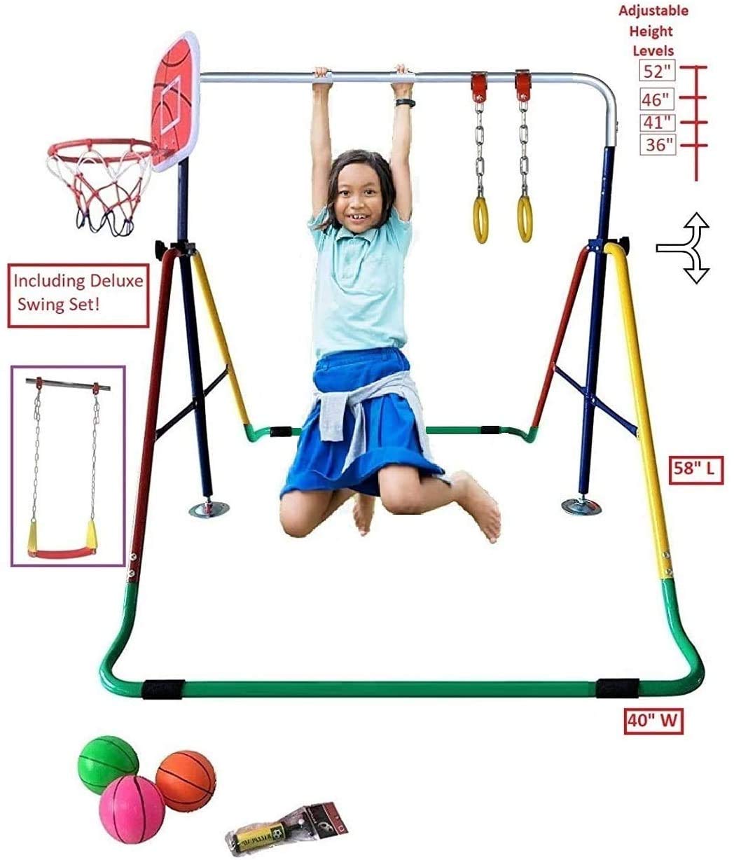 Adjustable 5-in-1 Gymnastics Bar for Kids - Foldable Horizontal Kip Bar with Tumbling Mat, Swing Seat, Trapeze Rings & Basketball Hoop - Home Training Equipment for Junior Gymnasts - Perfect for Indoor Playrooms, Backyard Fun & Preschool Exercise