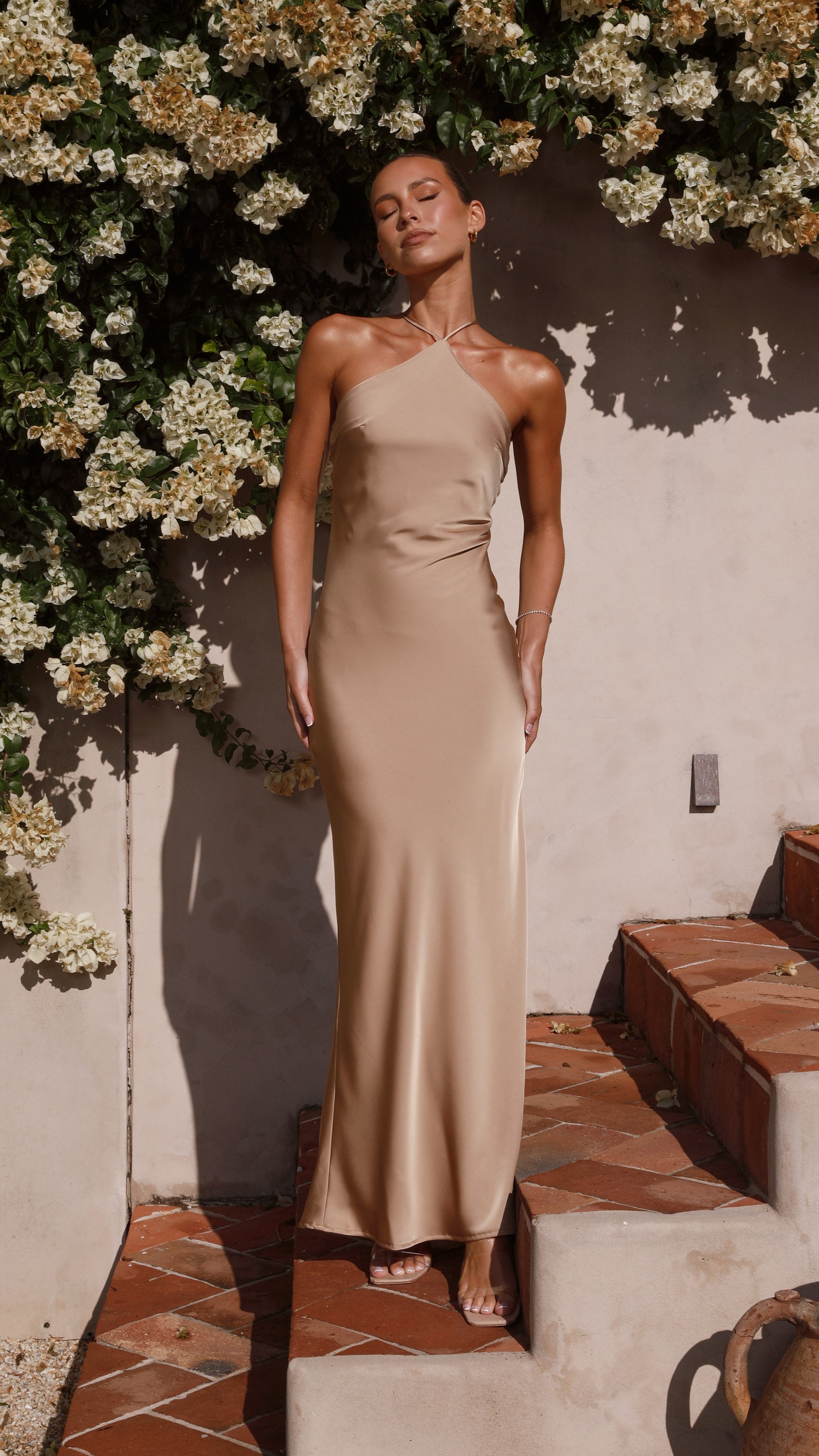 Chiara Maxi Dress in Latte - Elegant Long Flowy Dress for Women, Perfect for Weddings, Parties & Summer Vacations