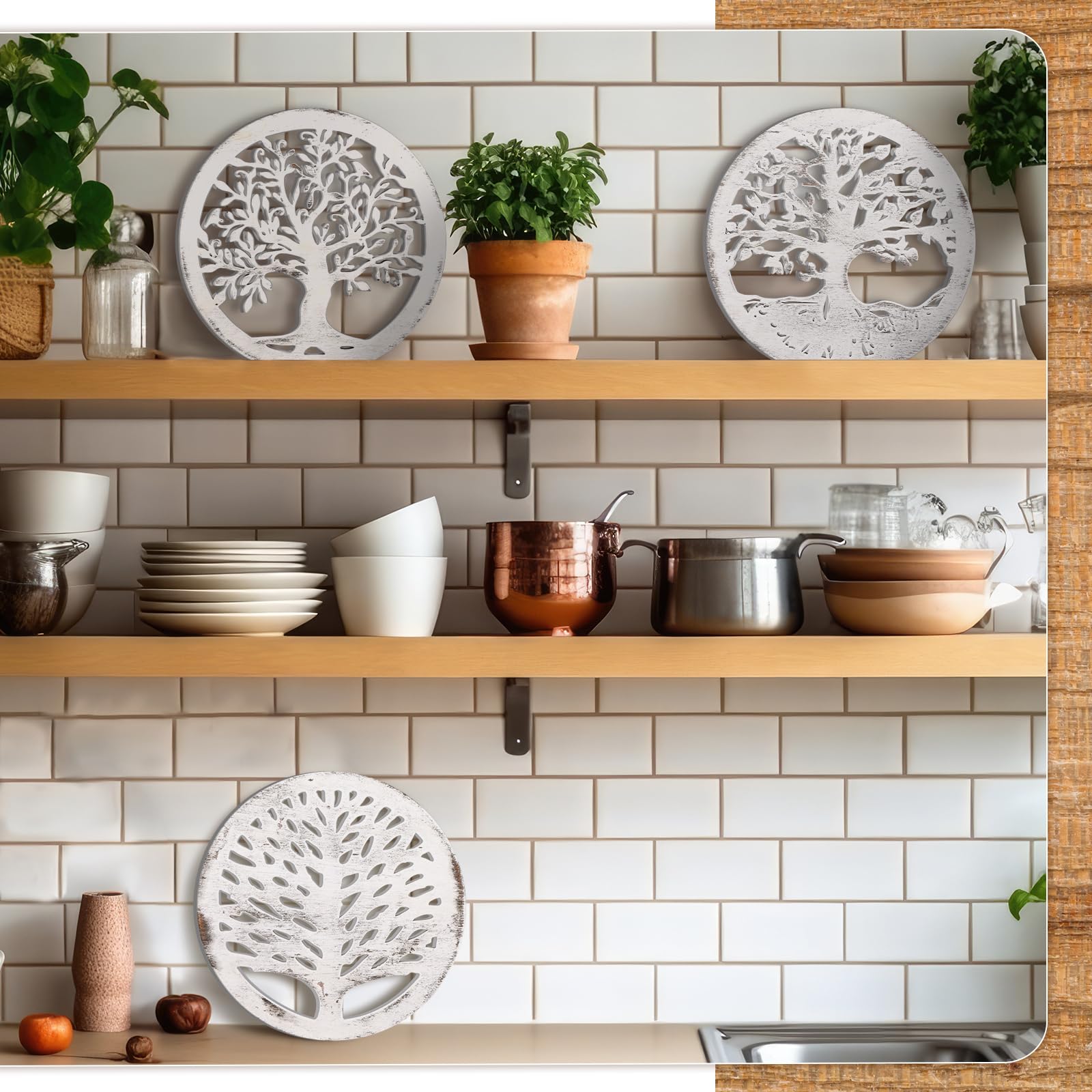 3 Pcs Wooden Trivets - 8 Inch Rustic Round Heat Resistant Pot Holders for Kitchen, Dining Table, Hot Dishes & Tea - Farmhouse Style Home Decor (White) | Perfect for Holiday Meals, Cozy Winter Gatherings & Farmhouse Kitchen Protection