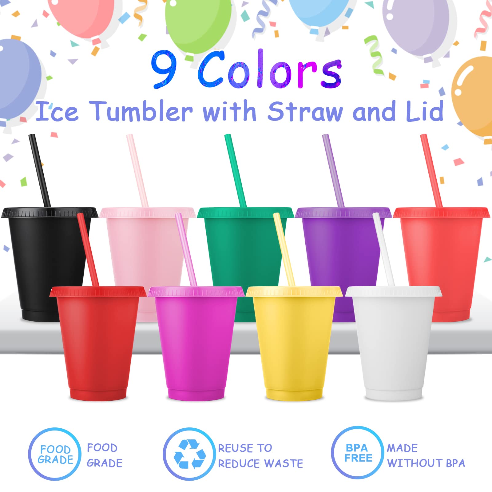 16oz Reusable Plastic Tumbler Cups with Lids & Straws - BPA-Free Kids Water Bottle, Iced Coffee Travel Mug for Adults - 15 Pack Colorful Party Cups (Great for School, Picnics, Office & Outdoor Activities)