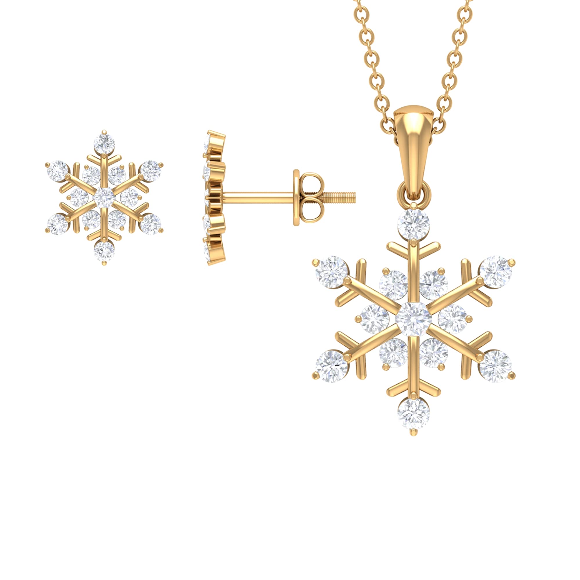 Rosec Jewels - 14K Solid Gold Natural Snowflake Jewelry Set with 1.25 Carat Diamond for Women (HI Color SI Clarity) - Diamond Snowflake Pendant & Earrings Set with Chain - Perfect for Christmas Gifts, Weddings & Special Occasions