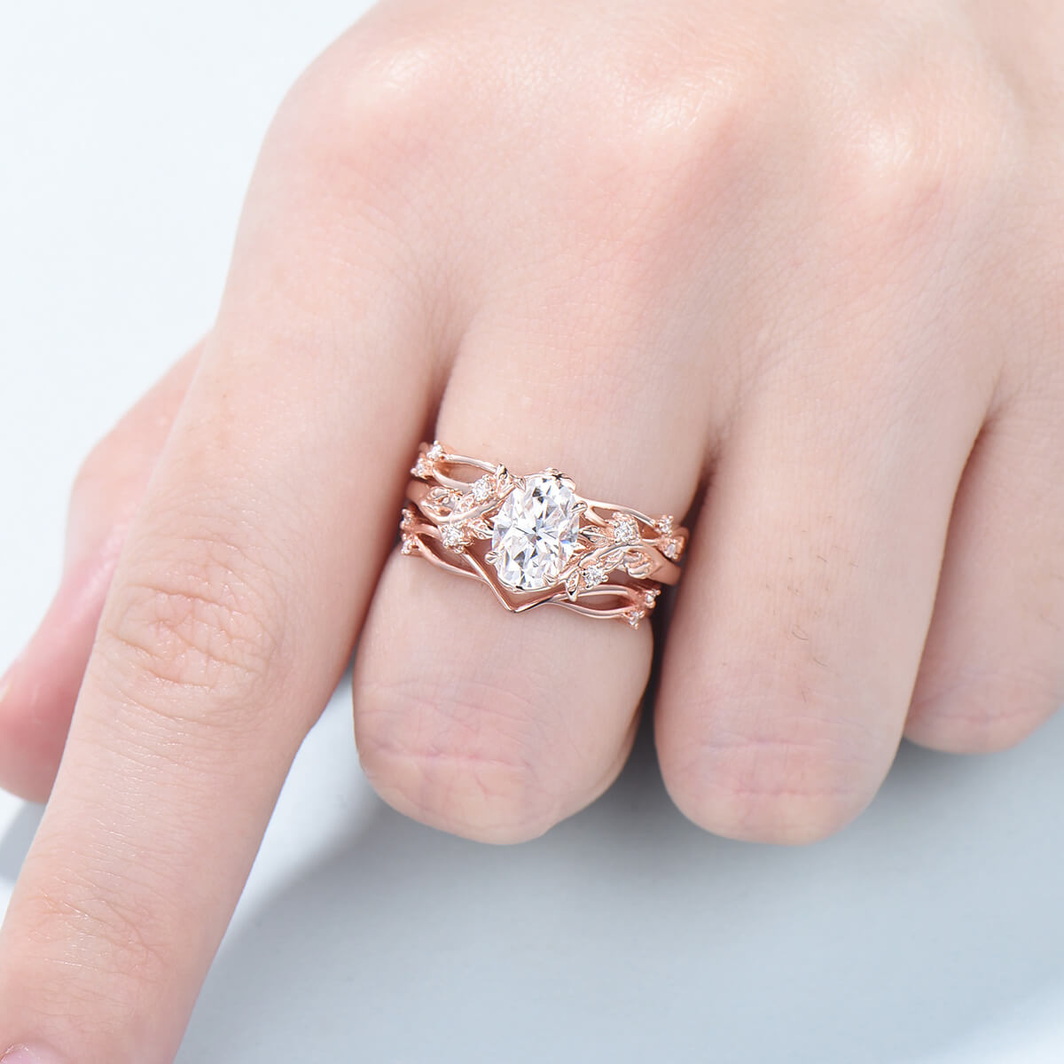 3pcs Vintage Nature-Inspired Oval Moissanite Engagement Ring Set - Cluster Branch Leaf Design, Unique Bridal Wedding Ring Set for Women | Perfect for Proposals, Anniversaries & Special Occasions