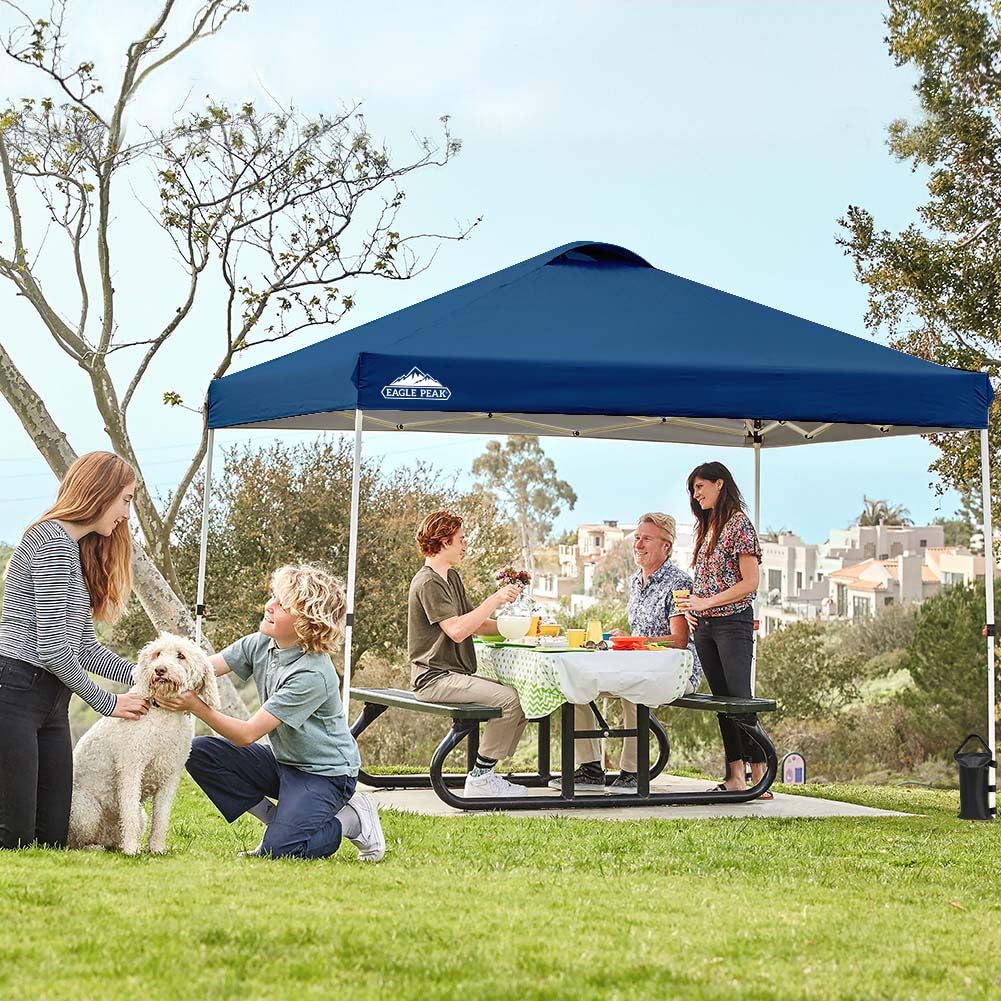 EAGLE PEAK 10x10 ft Pop Up Canopy Tent with Wheeled Carry Bag - Includes 8 Stakes, 4 Ropes & 4 Weight Bags - Easy Setup Instant Shade Shelter for Outdoor Events, Beach, Camping & Backyard (100 sq ft, Dark Blue)