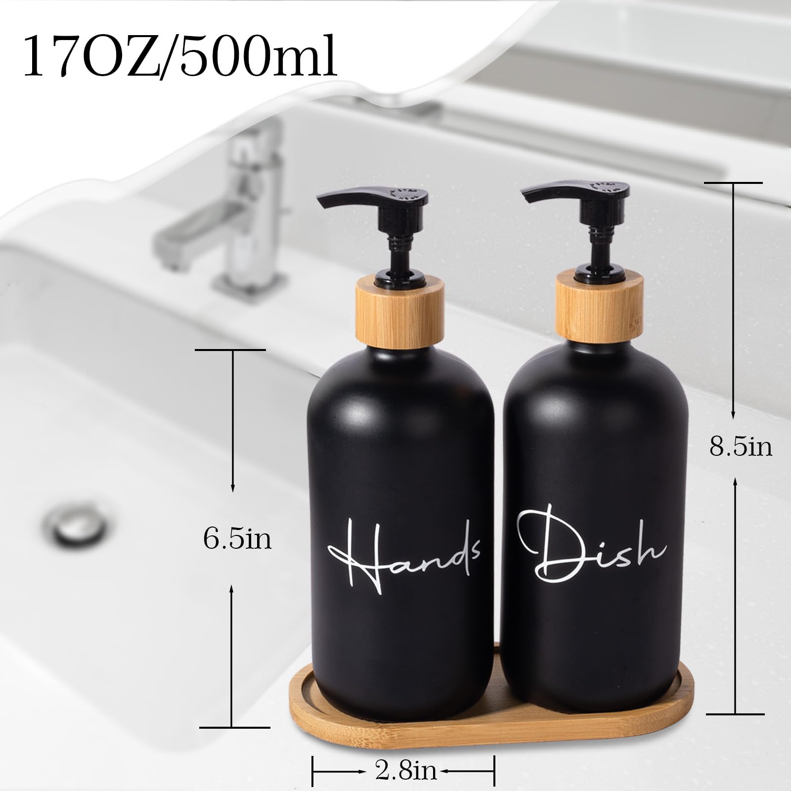 17 oz Empty Glass Soap Dispenser Bottles - Refillable Hand & Dish Soap Pump for Bathroom, Kitchen Sink - Black (2 Pack) | Perfect for Liquid Soap Storage & Home Decor
