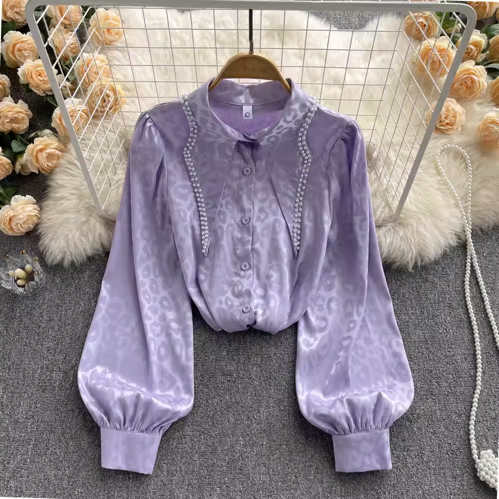Vintage French Long Sleeve Beaded Polo Collar Shirt - Elegant Women's Blouse for Casual Wear, Office & Special Occasions