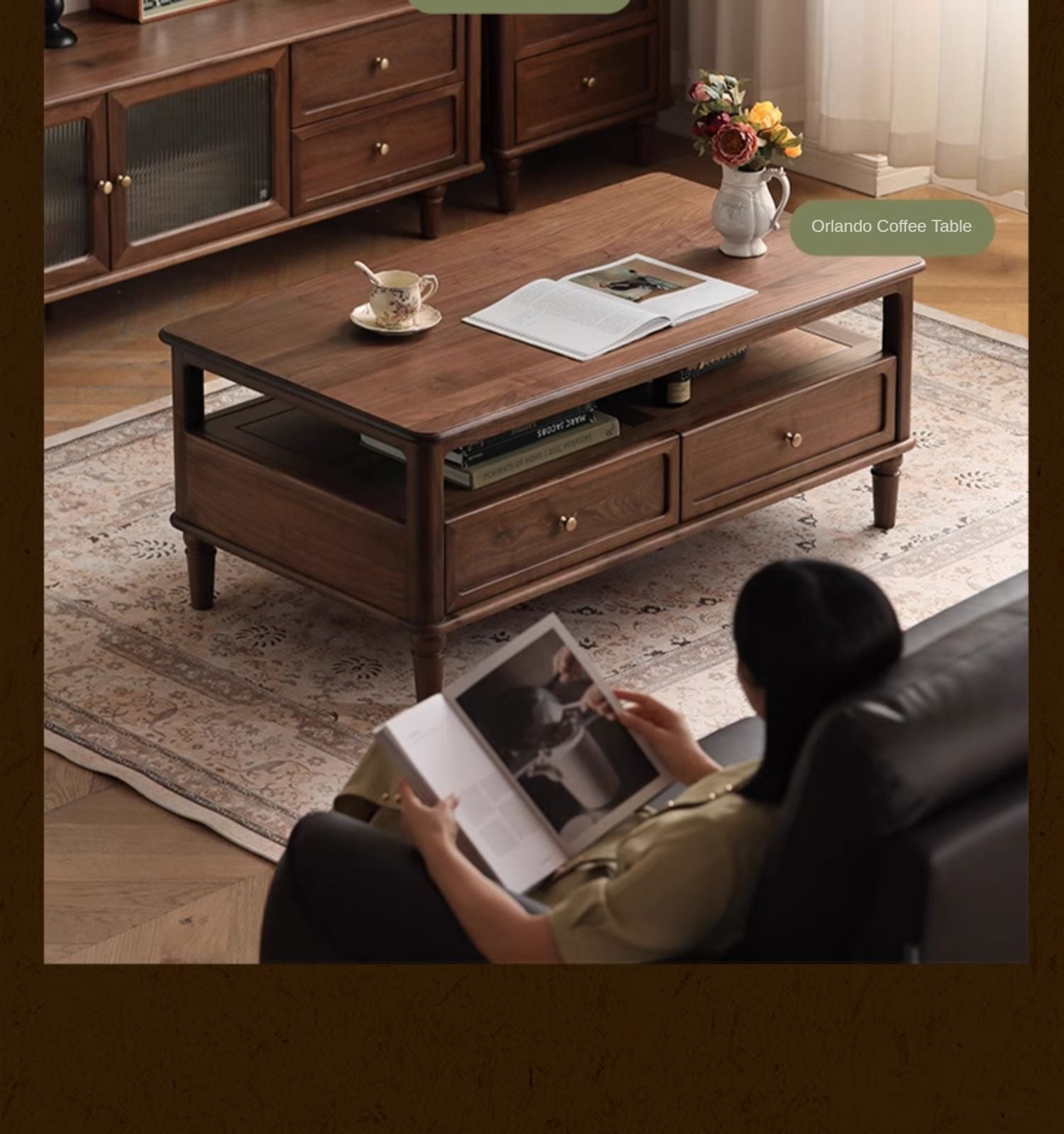 Solid Black Walnut Wood American Retro Coffee Table - Mid-Century Modern Style for Living Room, Lounge & Office Decor