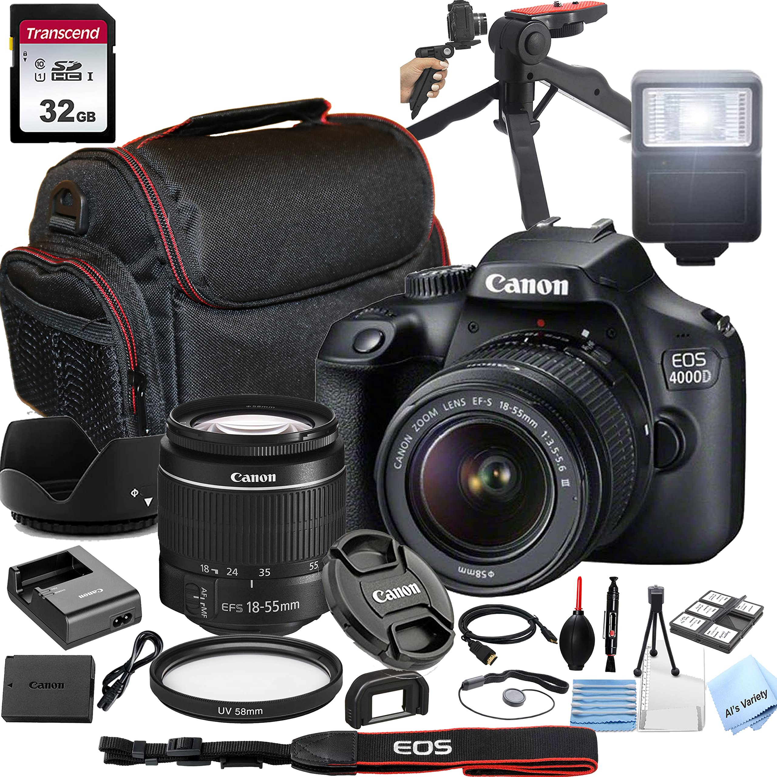 Canon EOS 4000D DSLR Camera Bundle with 18-55mm f/3.5-5.6 Zoom Lens, 32GB SD Card, Carrying Case, Tripod & 28 Accessories - Perfect for Beginners, Travel Photography & Vlogging (Renewed)