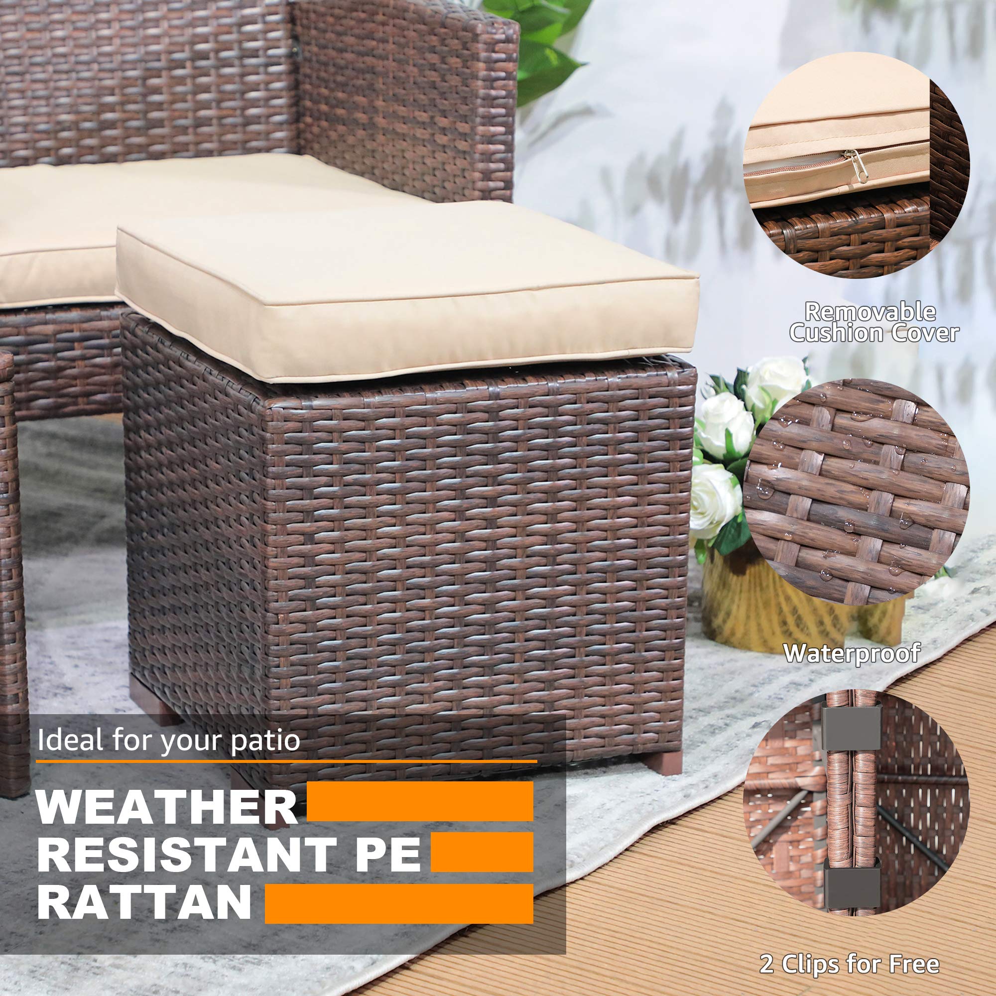 2-Piece Dark Brown Wicker Rattan Patio Ottoman Set with Beige Cushions - All-Weather Indoor/Outdoor Footstool & Seat - No Assembly Required - Perfect for Poolside, Garden, Deck, and Living Room Relaxation
