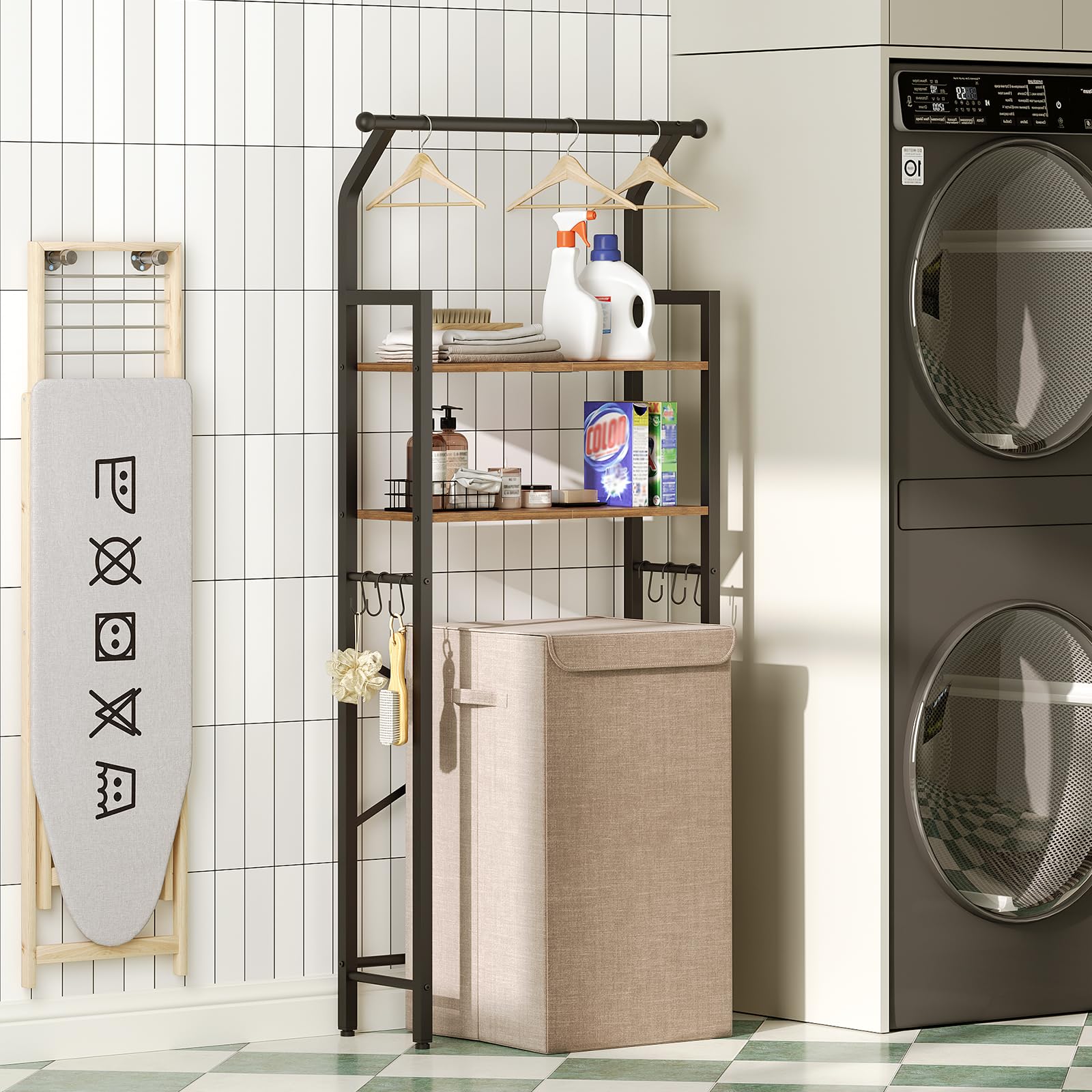 Over The Toilet Storage Shelf - 2-Tier Bathroom Organizer with Hooks | Space-Saving Vertical Toilet Shelf Rack in Rustic Brown & Black | Perfect for Small Bathrooms, Apartments & Powder Rooms (TR01BR)
