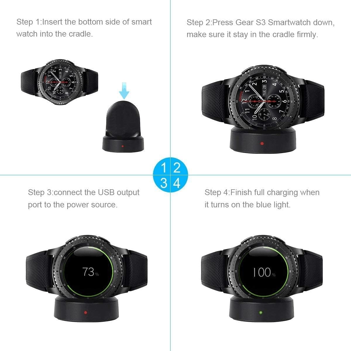 Samsung Gear S2/S3/S4 Smart Watch Charger Dock with Micro USB Cable - Fast Charging Station for Samsung Gear S2 Classic, S3 Frontier & S4 Smartwatches | Perfect for Home, Office & Travel Use