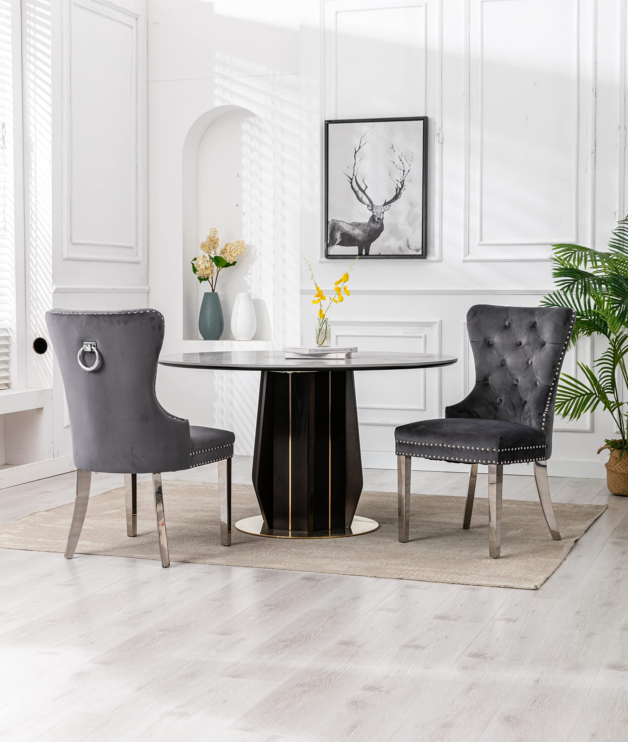 Tufted Velvet Wingback Dining Chairs Set of 2 - Modern Velvet Upholstered Armless Side Chairs with Chrome Legs for Living Room, Kitchen & Dining Room - Gray UC-10SS | Perfect for Small Spaces, Breakfast Nooks and Contemporary Home Decor