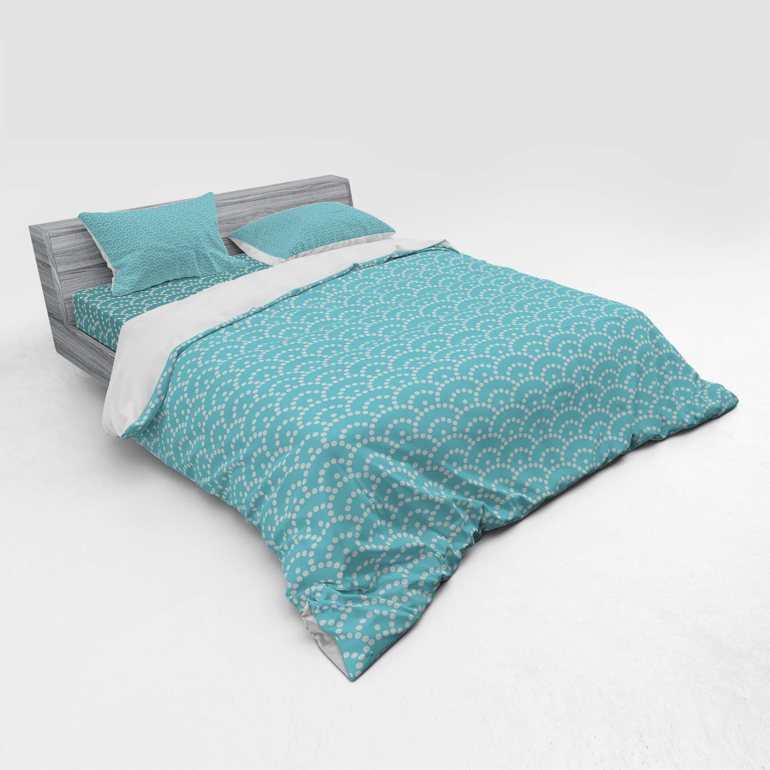 Ambesonne Pale Blue Bedding Set - Abstract Bubble Japanese Style Duvet Cover 4 Piece Set with Shams & Fitted Sheet, King Size, Turquoise White - Perfect for Modern Bedrooms, Guest Rooms & Boho Chic Home Decor