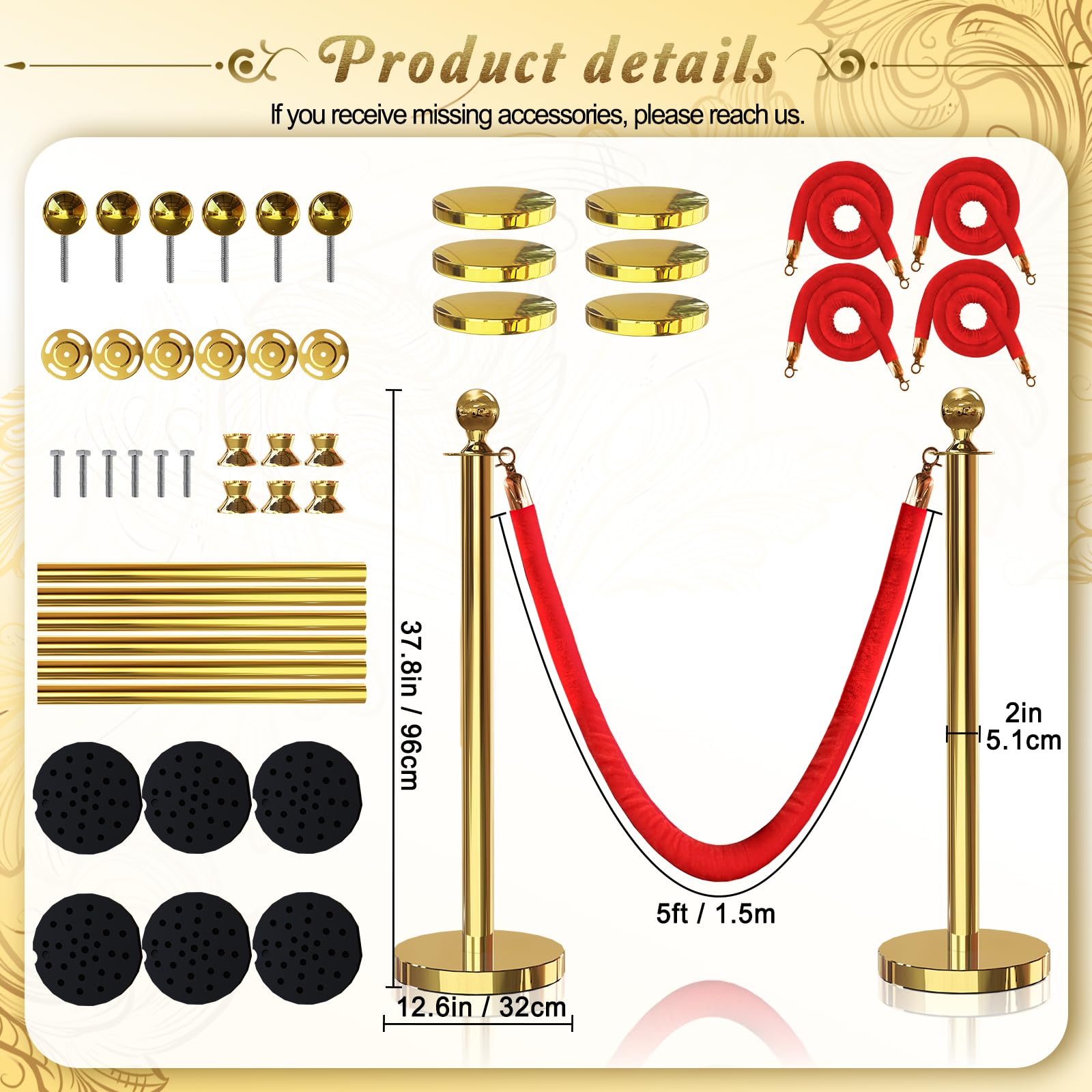 6-Piece Gold Stanchion Posts with 4-Piece 5 ft Red Velvet Rope - Premium Crowd Control Barrier Set for Events, Parties & VIP Areas | Red Carpet Poles for Weddings, Concerts & Corporate Functions