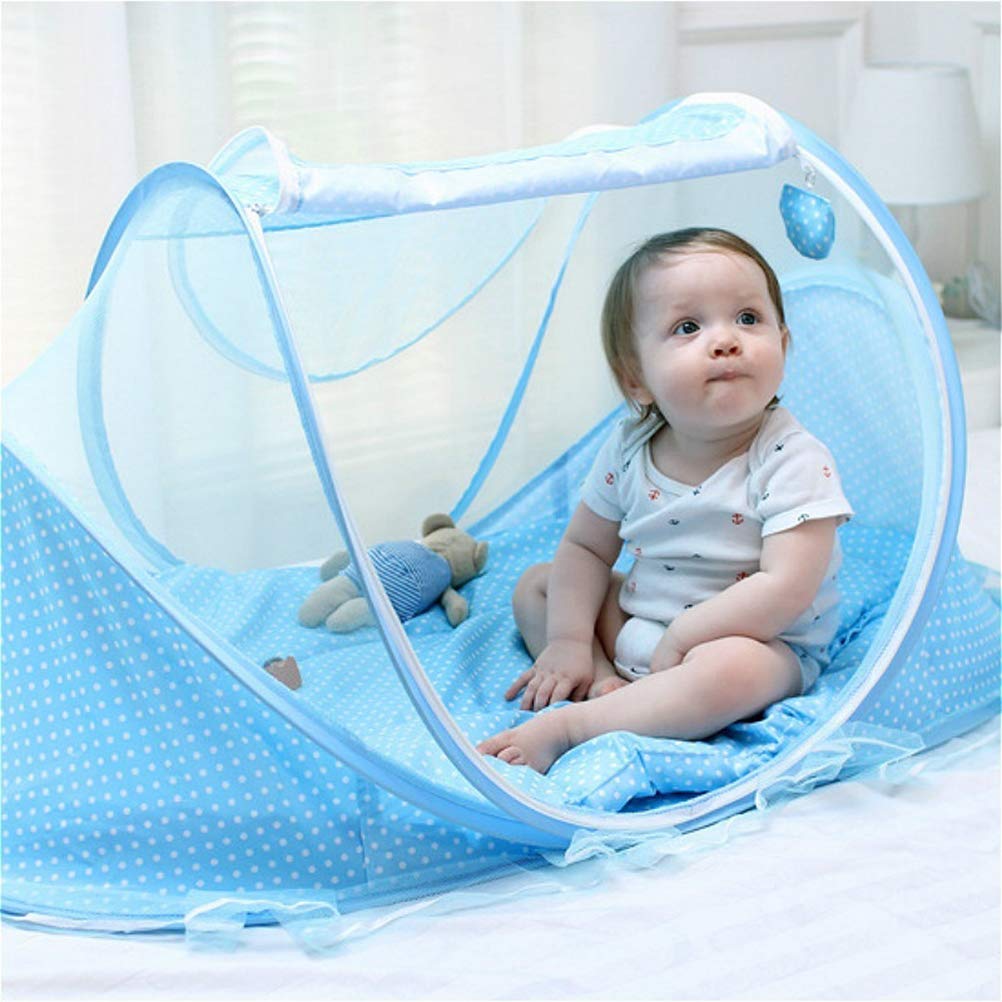 Breathable Baby Sleep Net & Portable Crib Cover - Foldable Travel Bed Netting for Infant Cot (Sky Blue & Green) | Perfect for Nursery, Outdoor Camping & Airplane Travel
