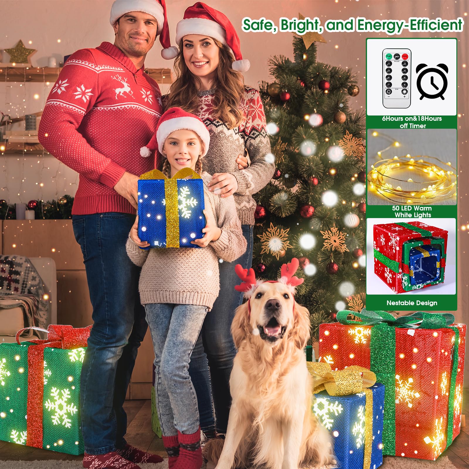 3 Pack LED Lighted Gift Boxes for Birthday, Wedding, Proposals - Battery Operated Decorative Box Set for Indoor & Outdoor Party Decor, Holiday Celebrations, Romantic Room Lighting