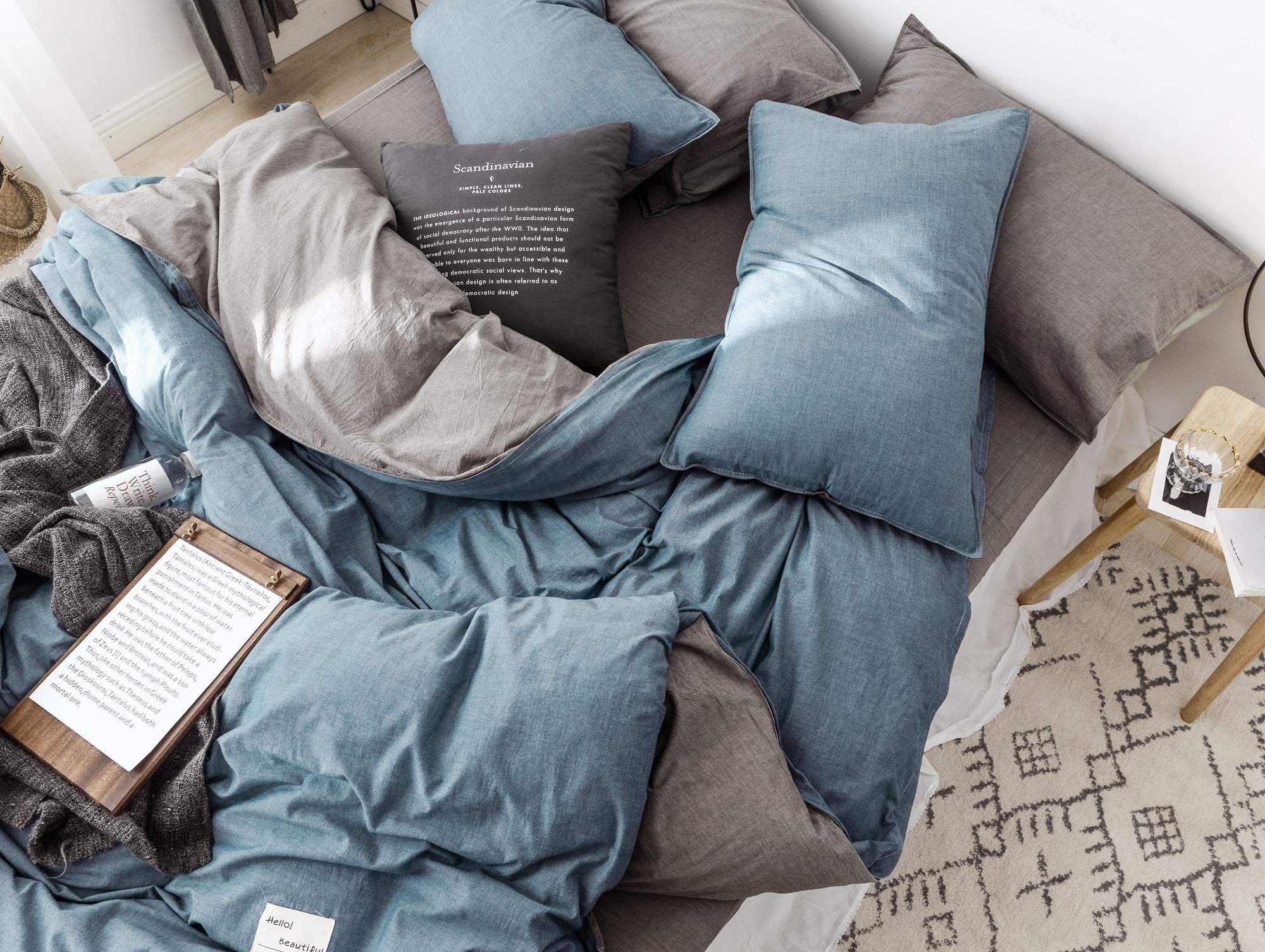 Premium 100% Cotton 200 Thread Count Duvet Cover Set - Navy Blue & Grey California King Size with 2 Pillowcases | Moon's Sleepwares Herse Series | Soft Breathable Bedding for Luxurious Hotel-Style Sleep
