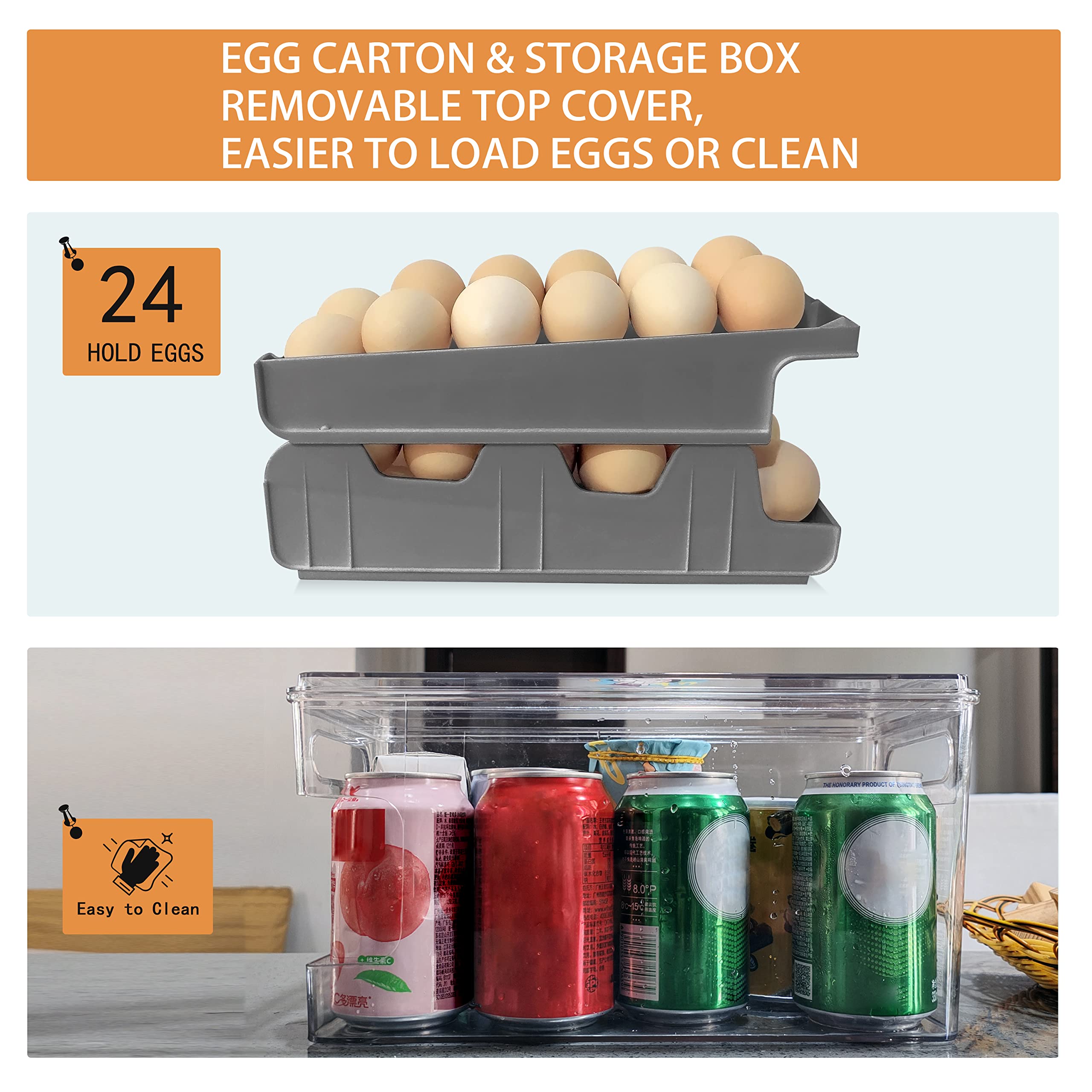 24-Count Automatic Rolling Egg Holder for Refrigerator - Space Saving Egg Dispenser & Storage Container - Kitchen Pantry Organization for Eggs - Perfect for Home, Restaurant, and Commercial Use (Gray)