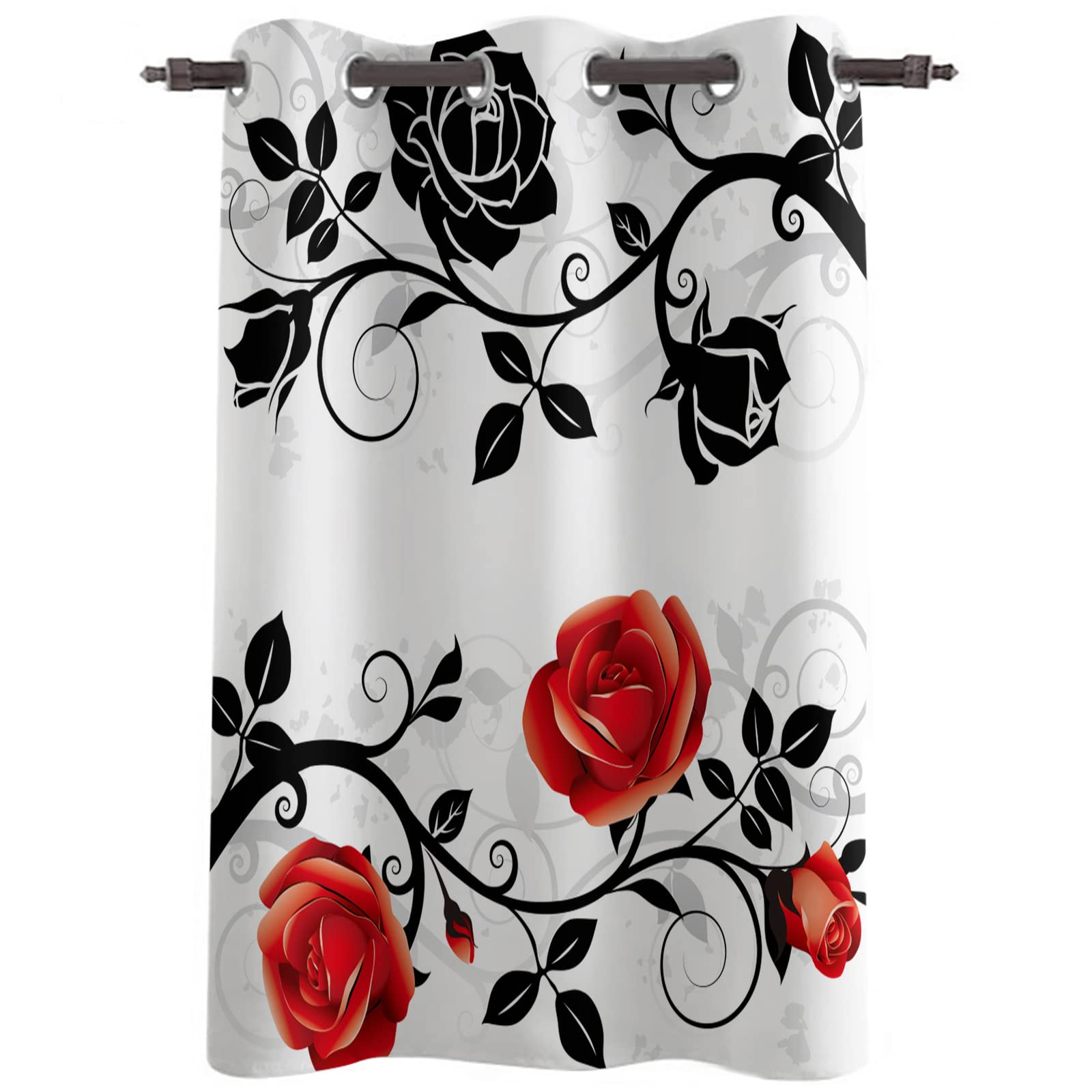 Blackout Curtains for Bedroom - 3D Printed Abstract Red Black Rose Design, Thermal Insulated Polyester Window Drapes for Living Room & Kitchen, 2 Panels (52