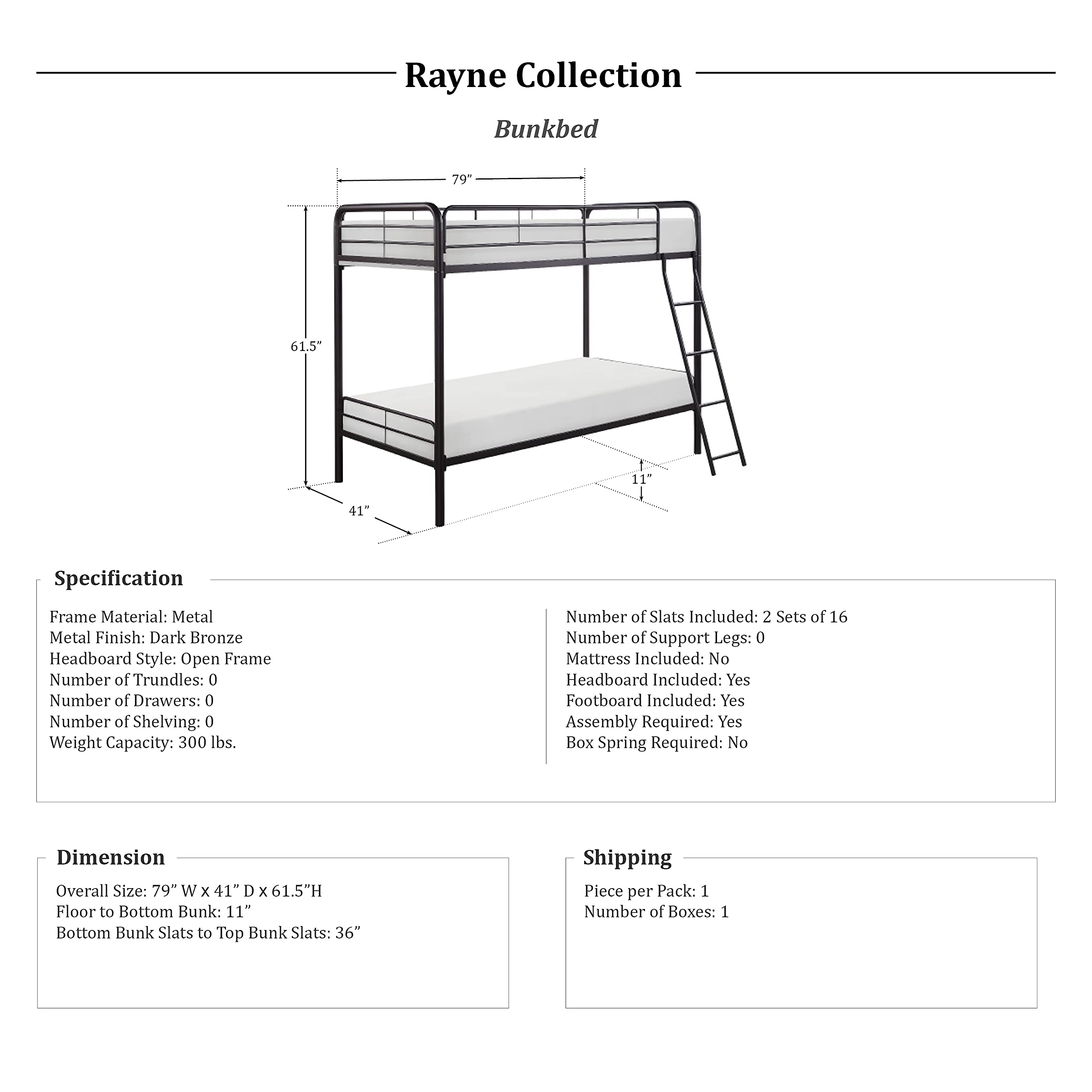 Lexicon Rayne Metal Bunk Bed - Twin Over Twin Size - Dark Bronze Finish - Space Saving Kids & Guest Room Bed - Durable & Sturdy for Shared Bedrooms, Dorms & Vacation Homes