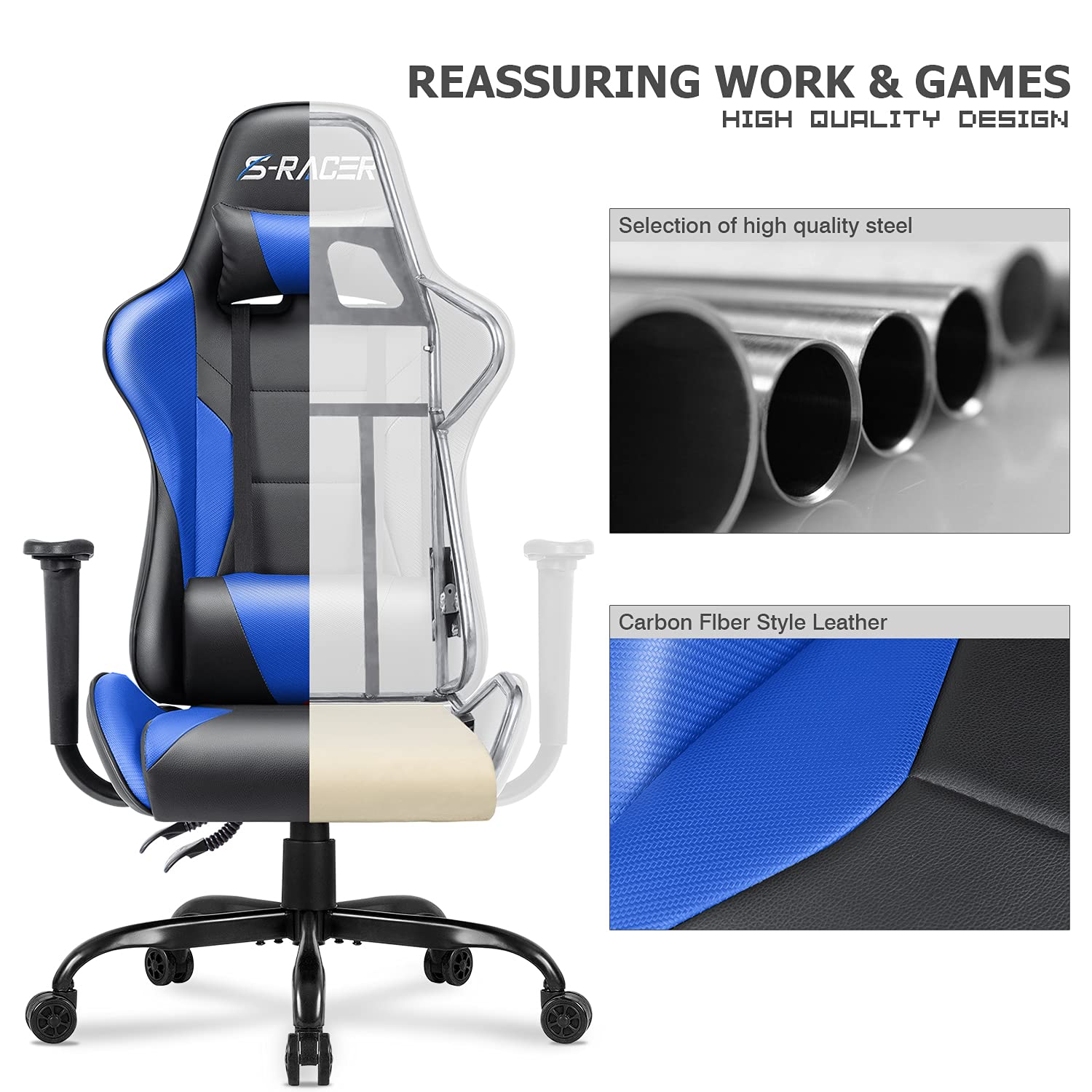 Homall High Back Gaming Office Chair - Ergonomic PU Leather Computer Desk Chair with Adjustable Height, Swivel & Headrest - Perfect for Gaming, Work & Home Office (Blue)