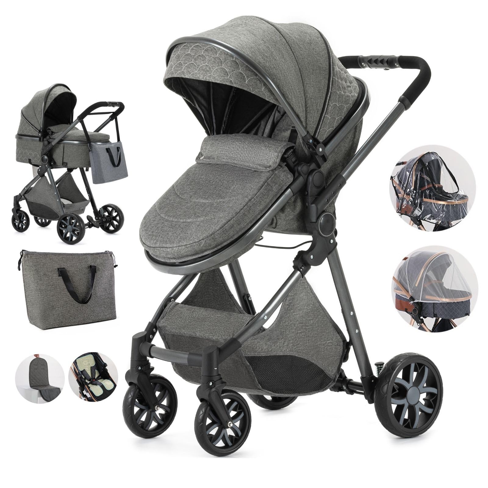 2 in 1 Baby Stroller with Bassinet & Reversible Seat - Lightweight Aluminum Frame Pushchair with One-Button Fold & Large Storage Basket - Perfect for Newborns & Toddlers (Deep Grey) - Ideal for Walks, Shopping & Travel
