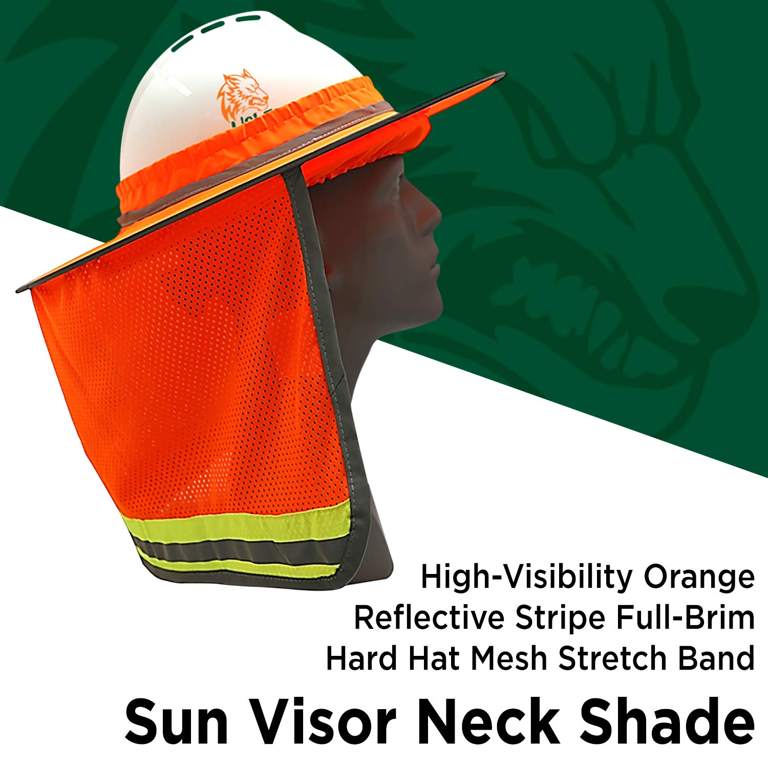 Wolf High-Visibility Orange ANSI Certified Reflective Full-Brim Hard Hat with Mesh Sun Visor & Neck Shade - Construction Safety Helmet for Outdoor Work, Roadside Crews & Nighttime Visibility