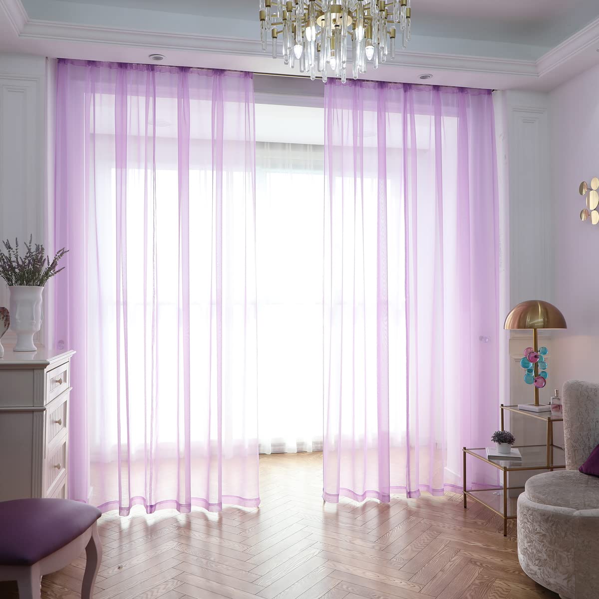 PHILEASY Sheer Purple Window Curtains 160 Inches Long - 2 Panels, Transparent Rod Pocket Panels for Bedroom, Living Room, Kitchen & Yard - 15 Colors & 10 Sizes Available - Light Filtering & Privacy Sheers for Home Decor