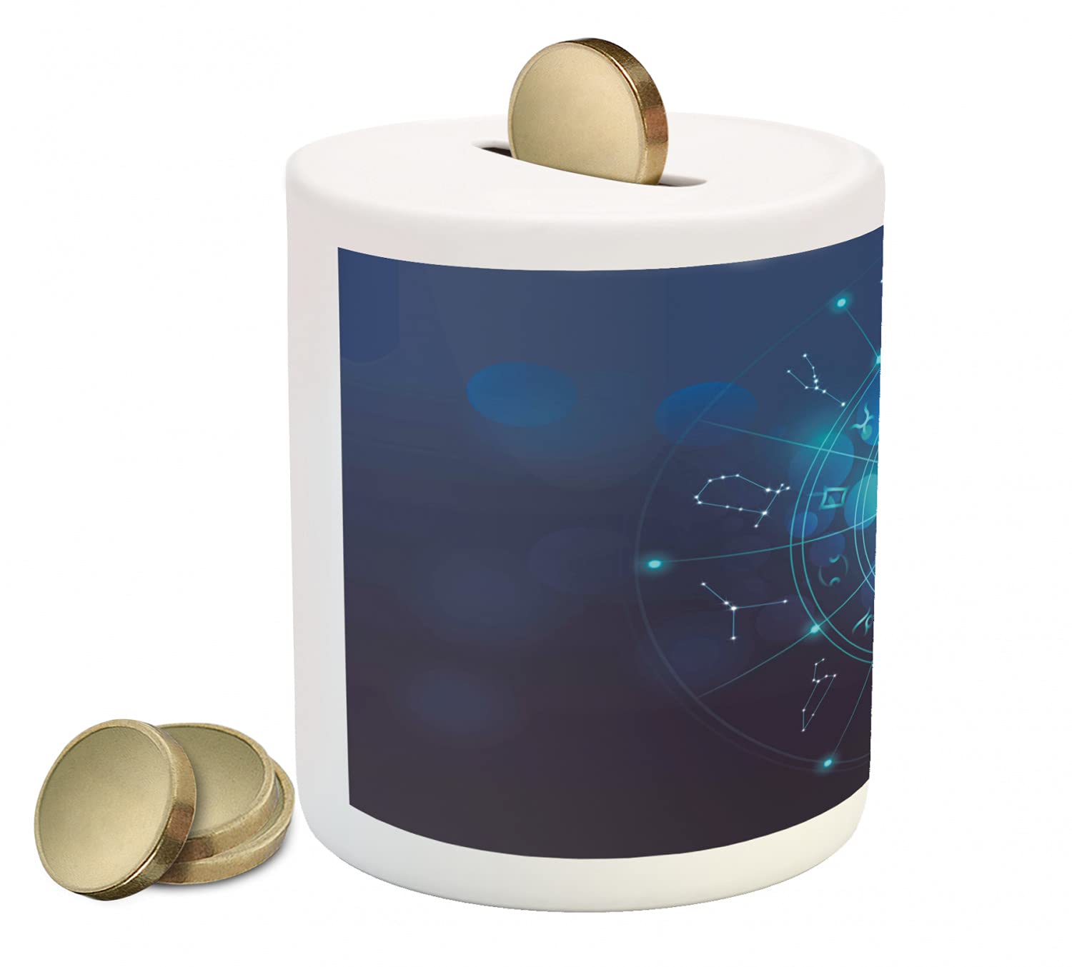 Ambesonne Astrology Ceramic Piggy Bank - Zodiac Signs & Space Geometric Design for Cash Saving, Unique Money Box Gift (Turquoise Blue & White) | Perfect for Birthday Gifts, Home Decor & Coin Collection