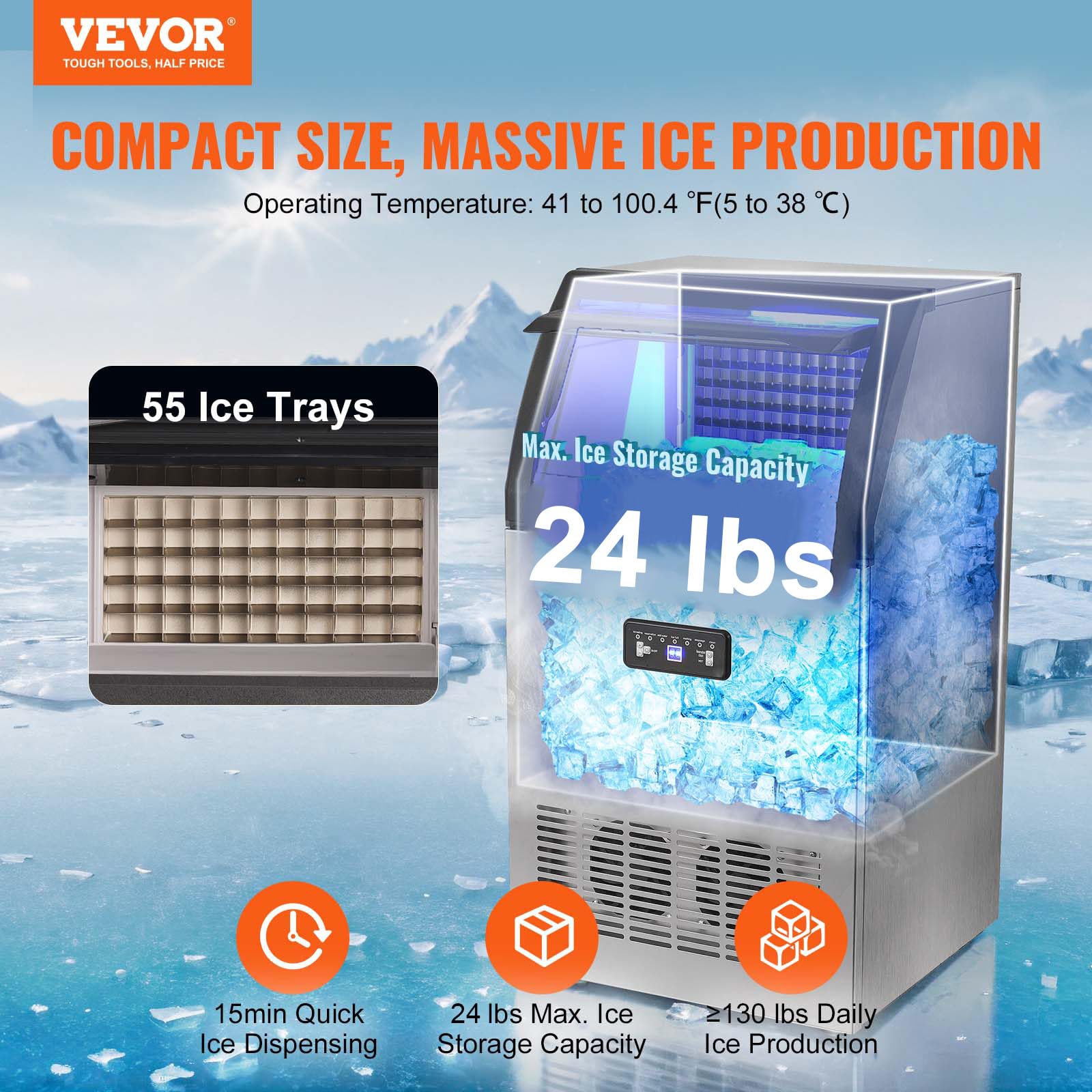 VEVOR Commercial Ice Maker Machine 160LBS/24H with 24LBS Storage - Fast 55 Ice Cubes in 12-15 Mins - Perfect for Bars, Restaurants, Home & Office Use - Countertop Ice Machine for Cocktails, Beverages & Food Display