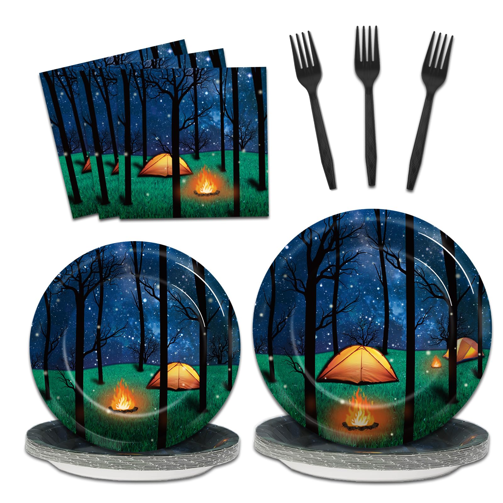 Happy Camper Disposable Paper Plates - Forest Scene Camping Tableware Set for 24 Guests, Perfect for Campfire Parties & Outdoor Adventures