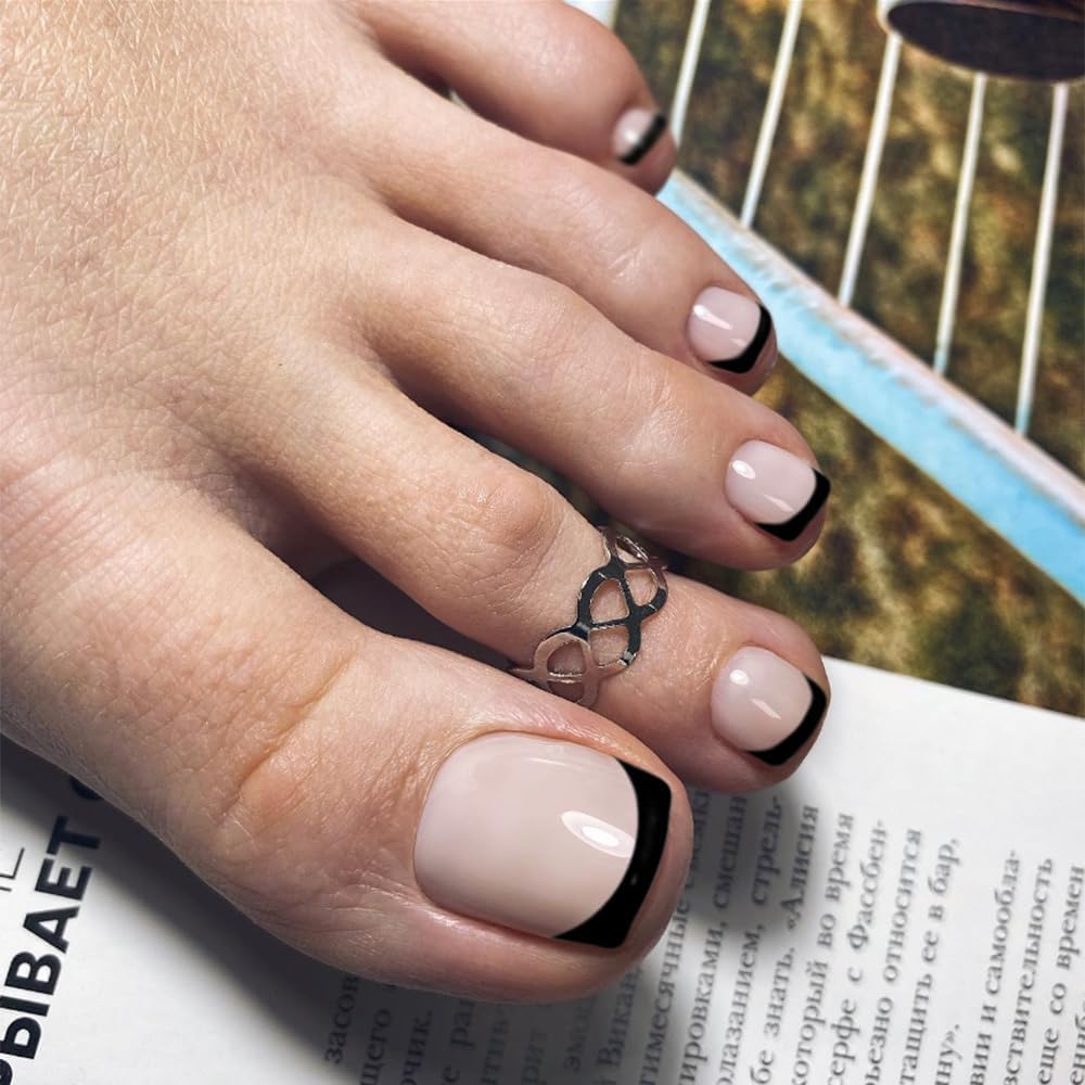 Black French Tip Press on Toenails for Women - Glossy Fake Short Square Acrylic Toe Nails | Reusable & Natural Seamless Fit | 24Pcs with Glue | Perfect for Pedicures, Parties & Everyday Wear