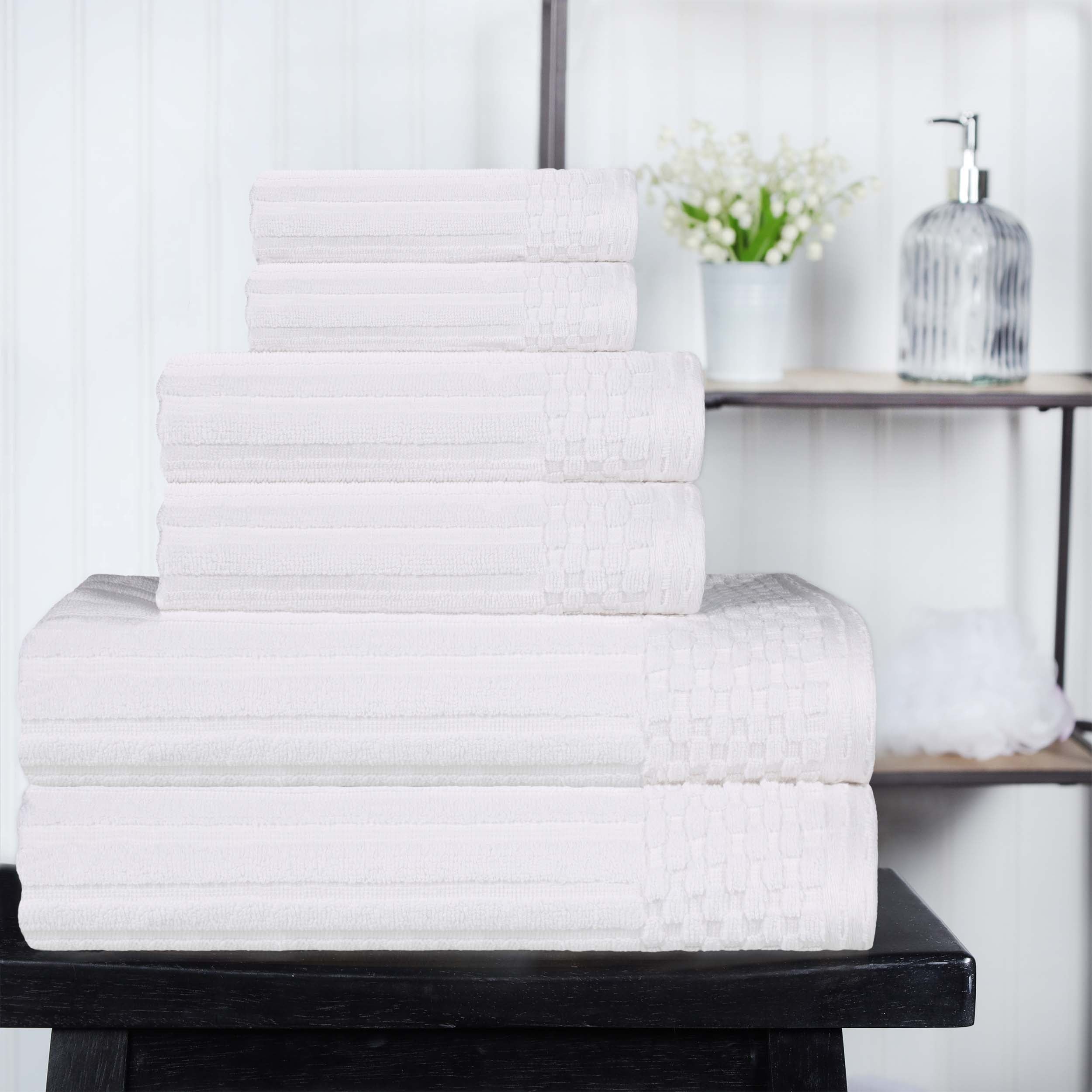 Premium 6-Piece Cotton Ribbed Textured Towel Set - Medium Weight, Soft & Absorbent Bath Towels for Spa, Gym, and Everyday Use