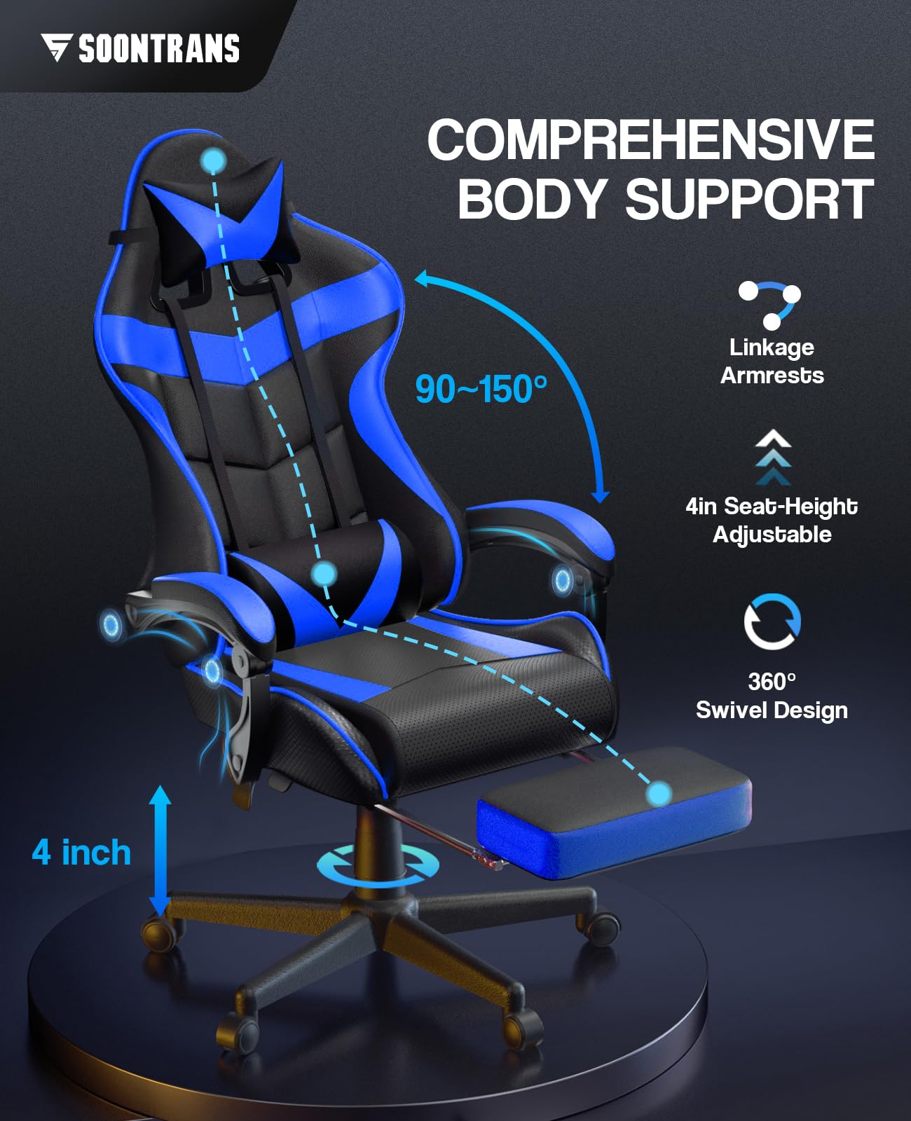 Soontrans Storm Blue Ergonomic Gaming Chair with Adjustable Footrest, Height-Adjustable Headrest & Lumbar Support - Perfect for PC Gaming, Office Work & Home Study - Comfortable Computer Desk Chair for Gamers & Professionals