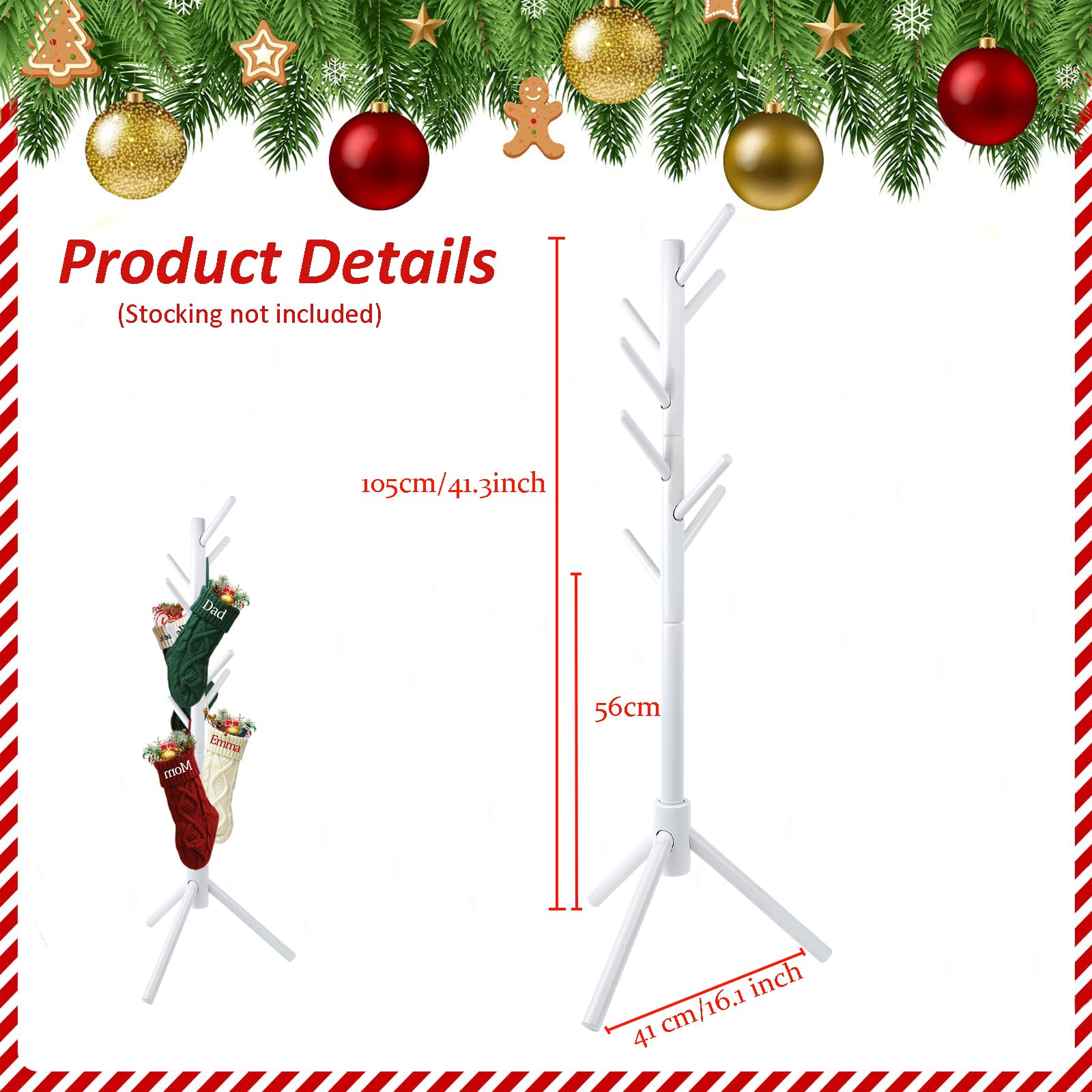 Wooden Christmas Stocking Holder Stand with 8 Hooks - White Hanging Stocking Hanger for Fireplace Mantel, Wall Decor, Holiday Home Decoration