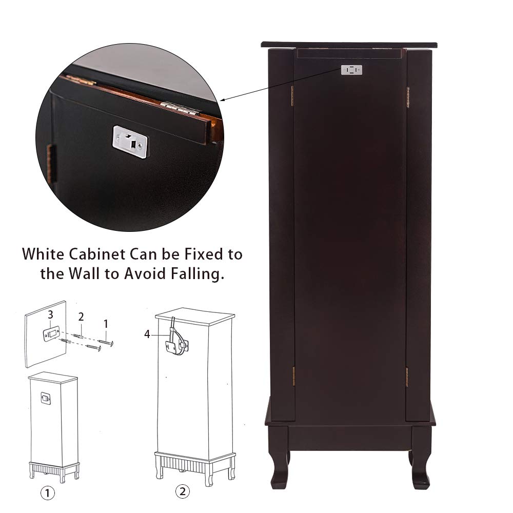 GT2-LC Large Standing Jewelry Armoire Cabinet with Makeup Mirror & Top Storage Organizer - Dark Brown/Beige Flannel - Perfect for Bedroom, Dressing Room & Closet Organization
