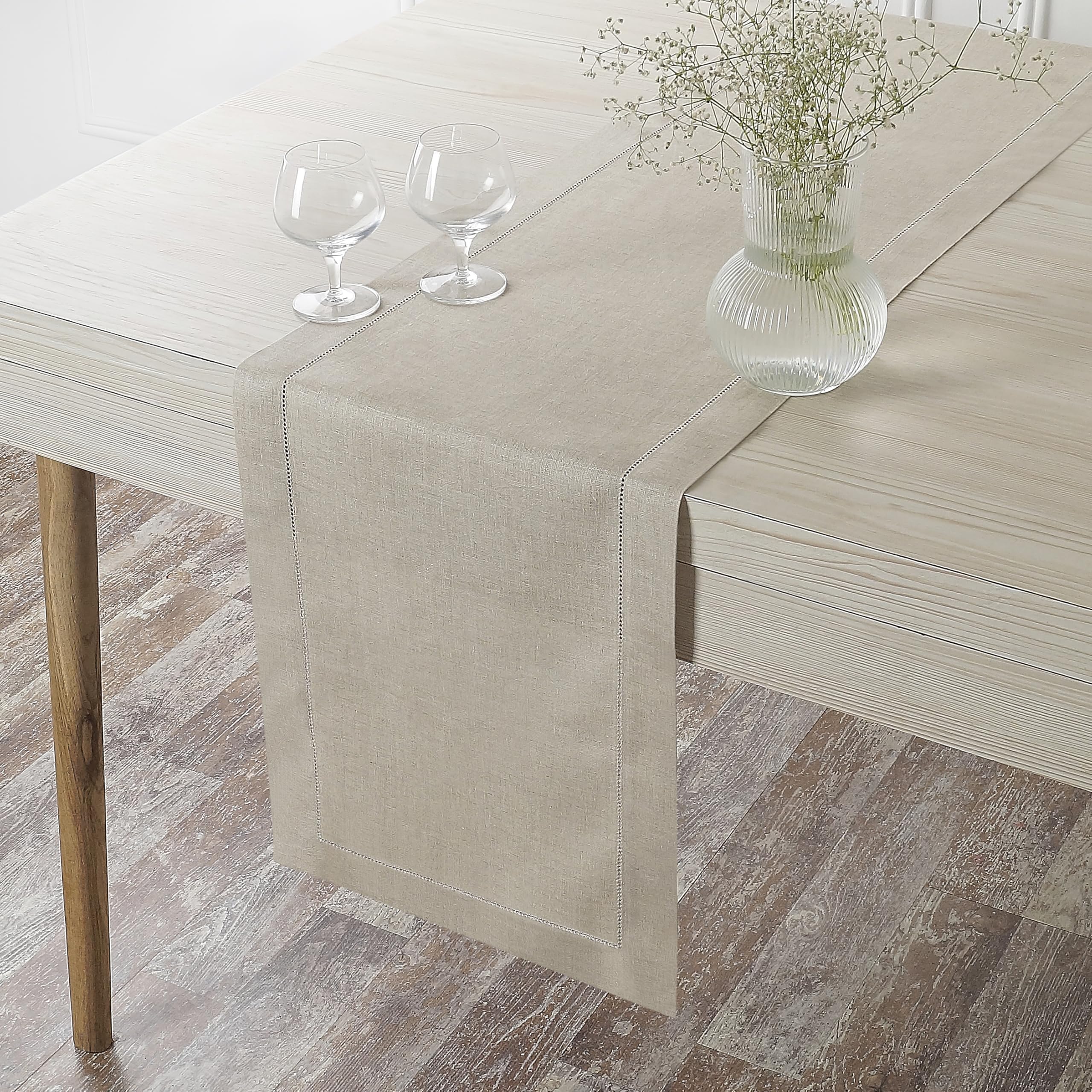 D'Moksha Homes 100% Pure Linen Table Runner 14x144 Inch - Classic Hemstitch Natural Tablecloth Decor - Machine Washable Farmhouse Dining Table Runner for Easter, Thanksgiving, Wedding & Home Decor