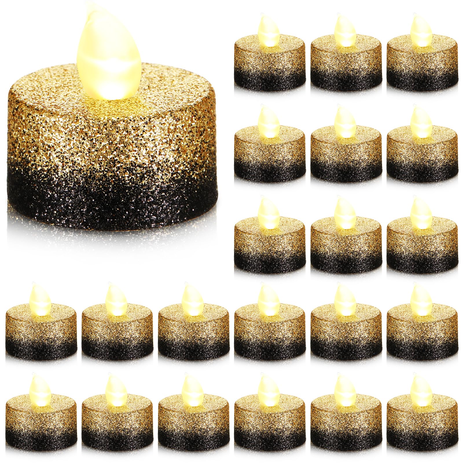 48 Pack Flameless LED Tea Lights - Gold & Black Glitter Electric Candles with Timer, Battery Operated for Wedding Centerpieces, Christmas Decor, Anniversary & Birthday Party Decorations - Romantic Ambiance for Home, Restaurant, and Holiday Events