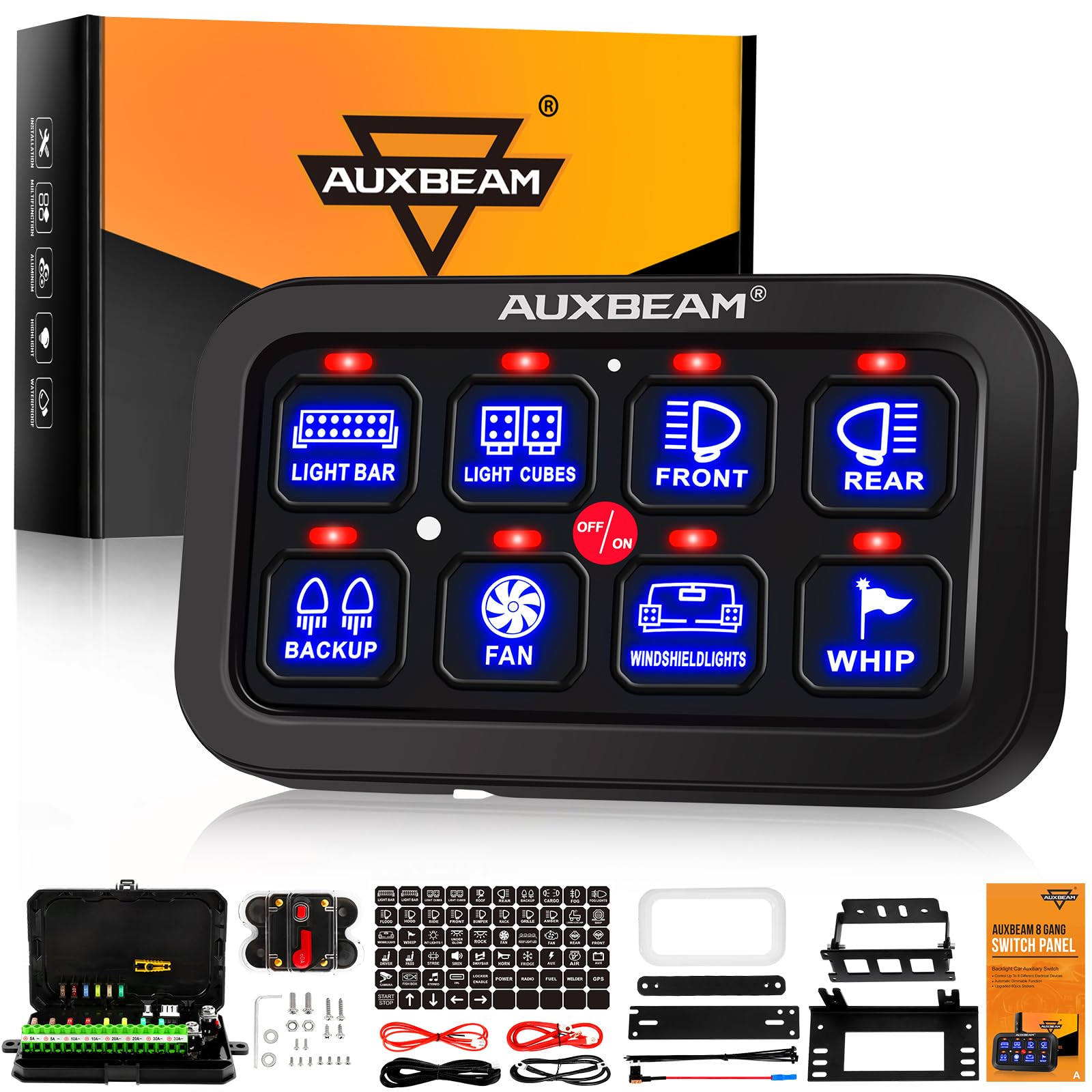 Auxbeam 8 Gang Switch Panel BA80 - Universal Circuit Control Relay System with Auto Dimmable LED Touch Switch for Car, Truck, Boat, UTV, ATV - Blue (2 Year Warranty) - Perfect for Off-Roading, Marine & RV Lighting Control